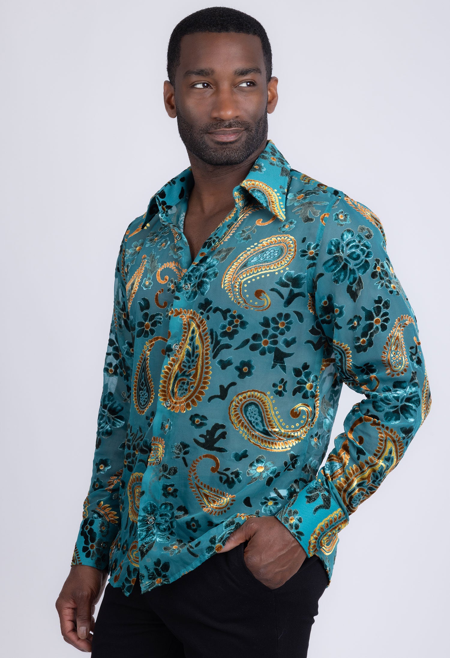 Barabas Men's See Through Paisley Textured Long Sleeve Shirts 5B17 Blue