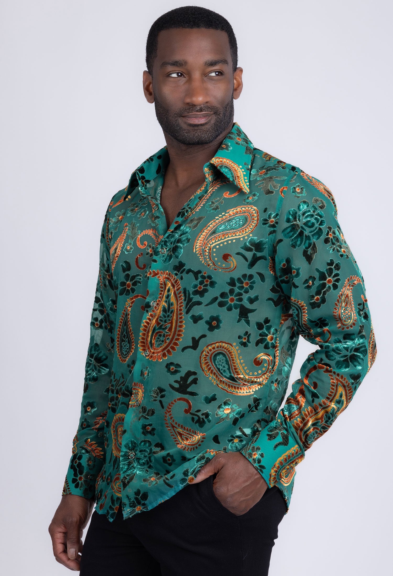 Barabas Men's See Through Paisley Textured Long Sleeve Shirts 5B17 Blue