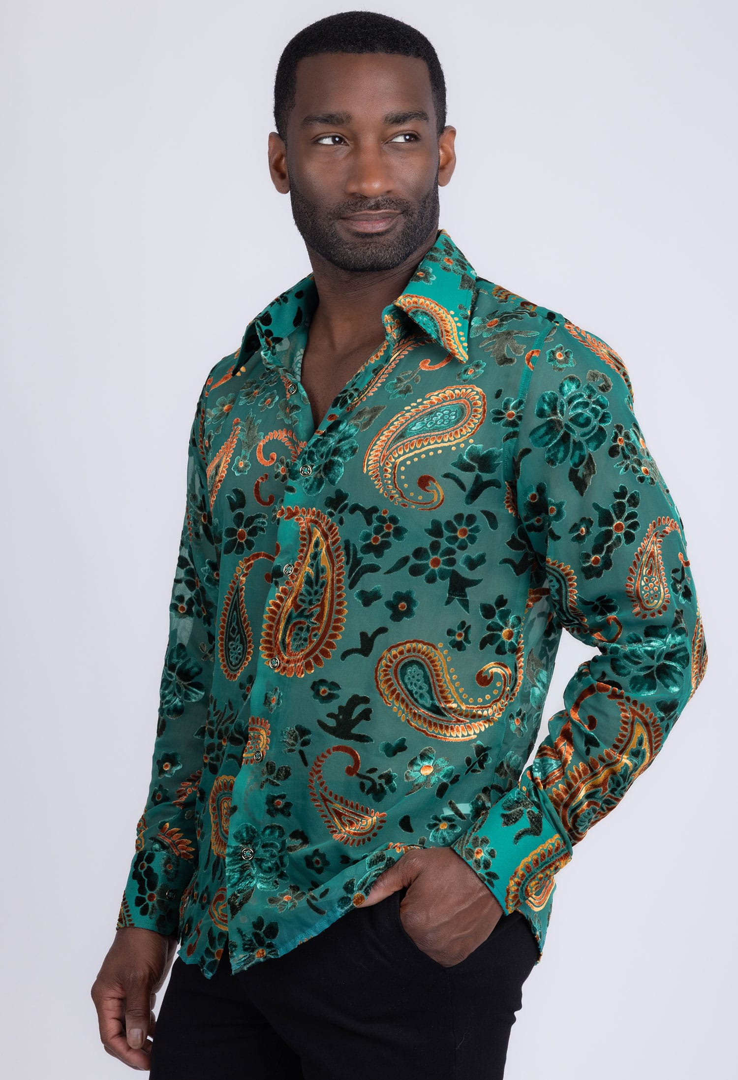 Barabas Men's See Through Paisley Textured Long Sleeve Shirts 5B17 Blue
