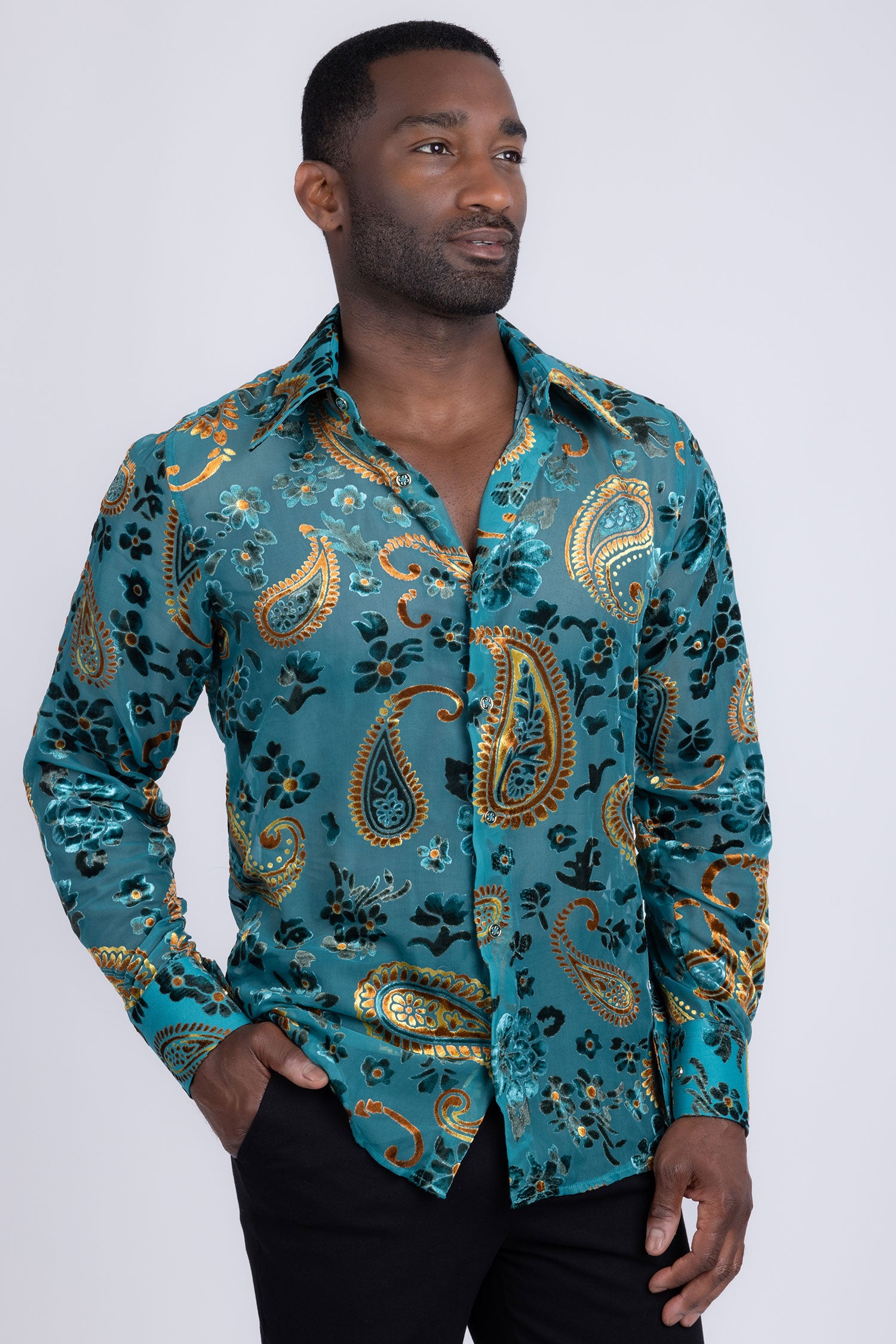 Barabas Men's See Through Paisley Textured Long Sleeve Shirts 5B17 Teal