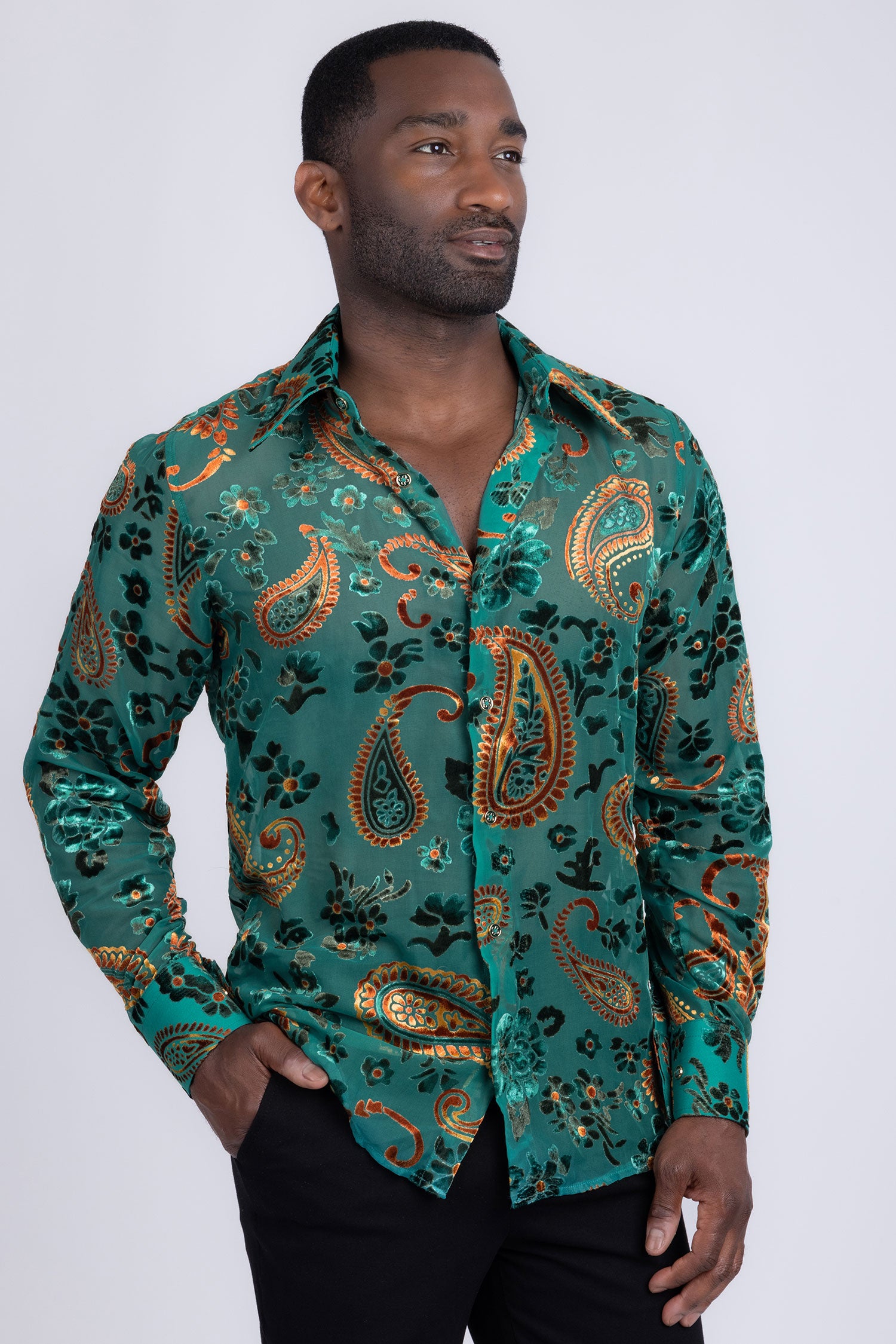 Barabas Men's See Through Paisley Textured Long Sleeve Shirts 5B17 Teal