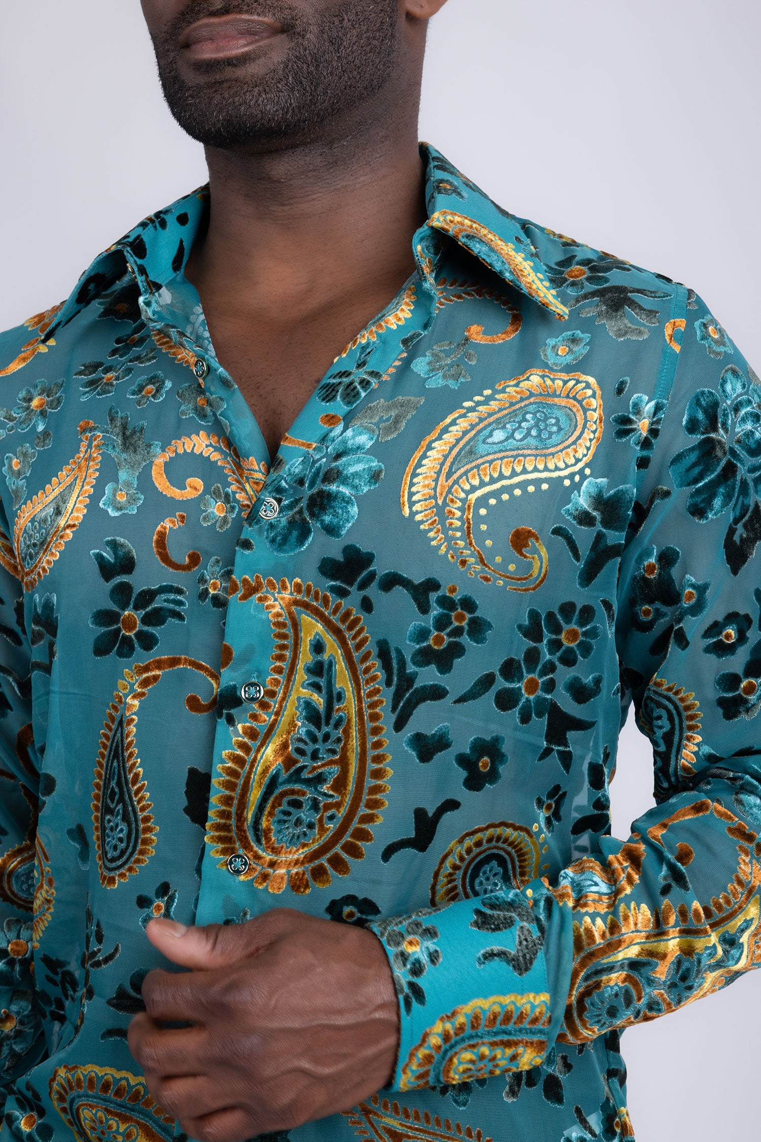 Barabas Men's See Through Paisley Textured Long Sleeve Shirts 5B17 Blue