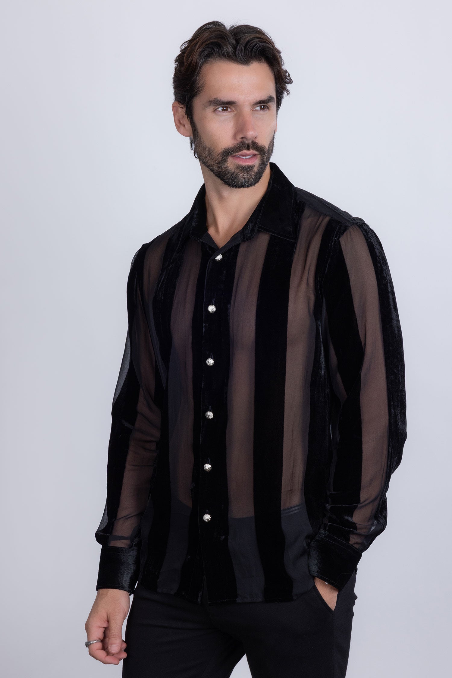 Barabas Men's See Through Velvet Long Sleeve Shirts 5B19 Black