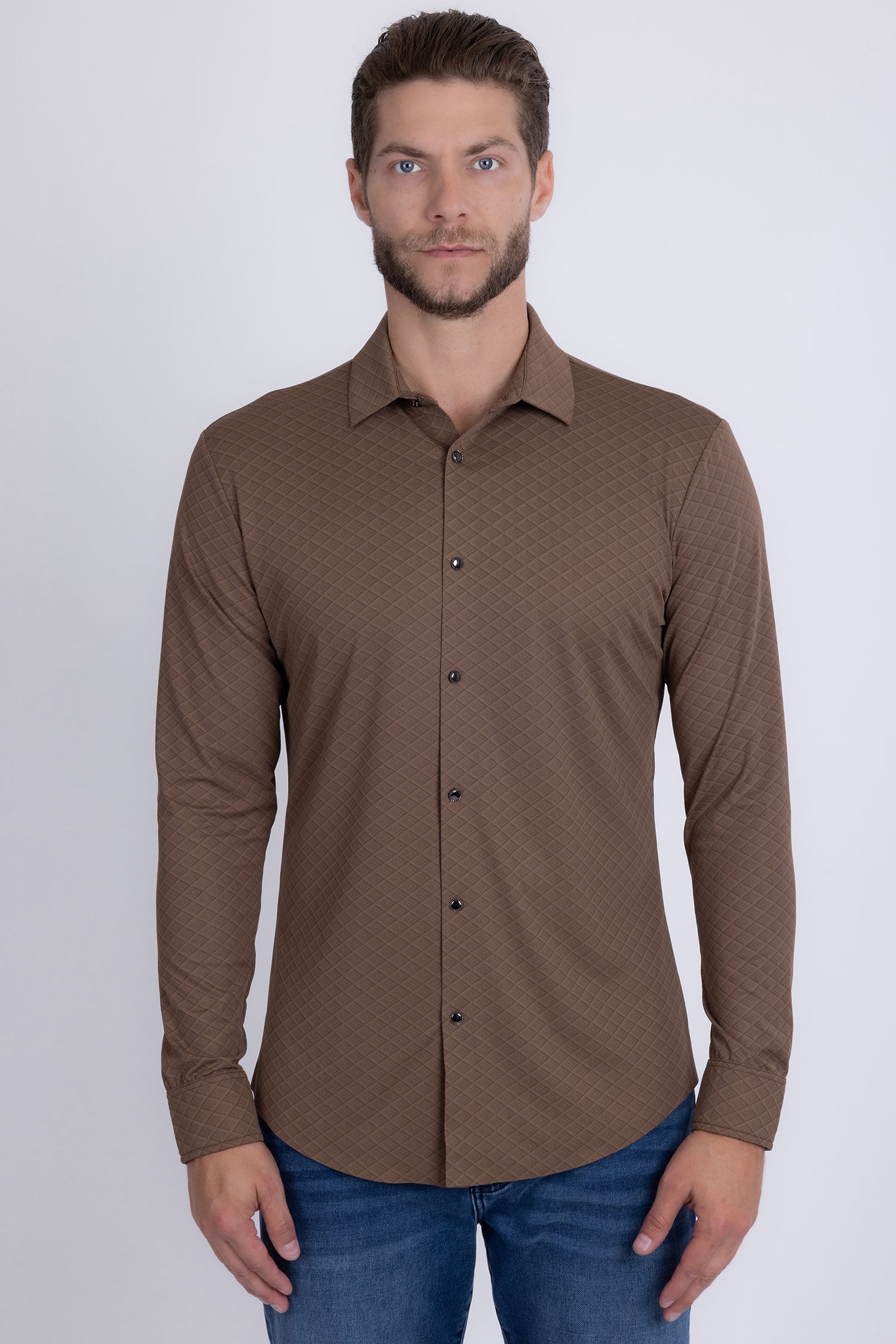 Barabas Men's Patterned Stretch Button Down Long Sleeve Shirts 5B20 Coffee