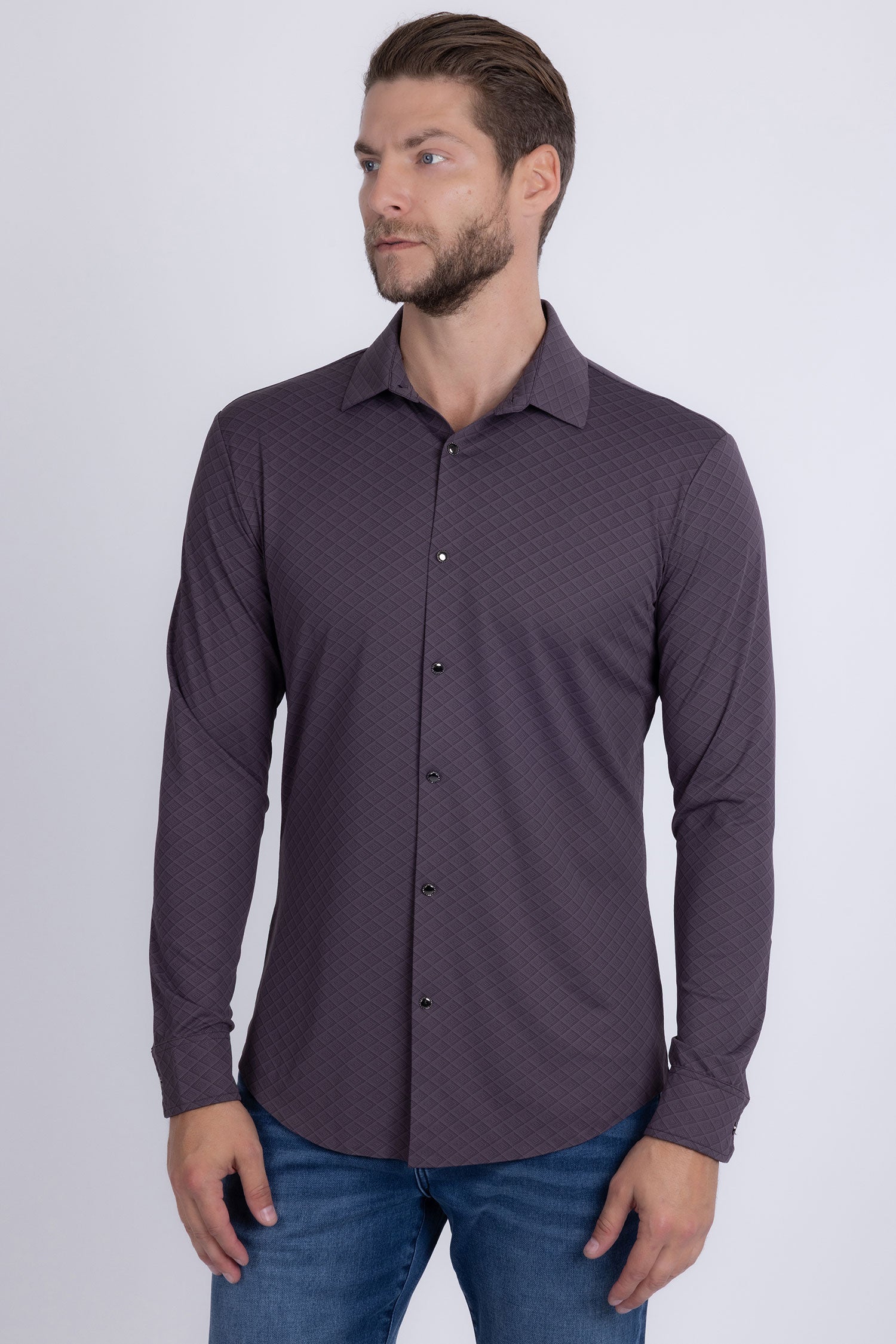 Barabas Men's Patterned Stretch Button Down Long Sleeve Shirts 5B20 Purple