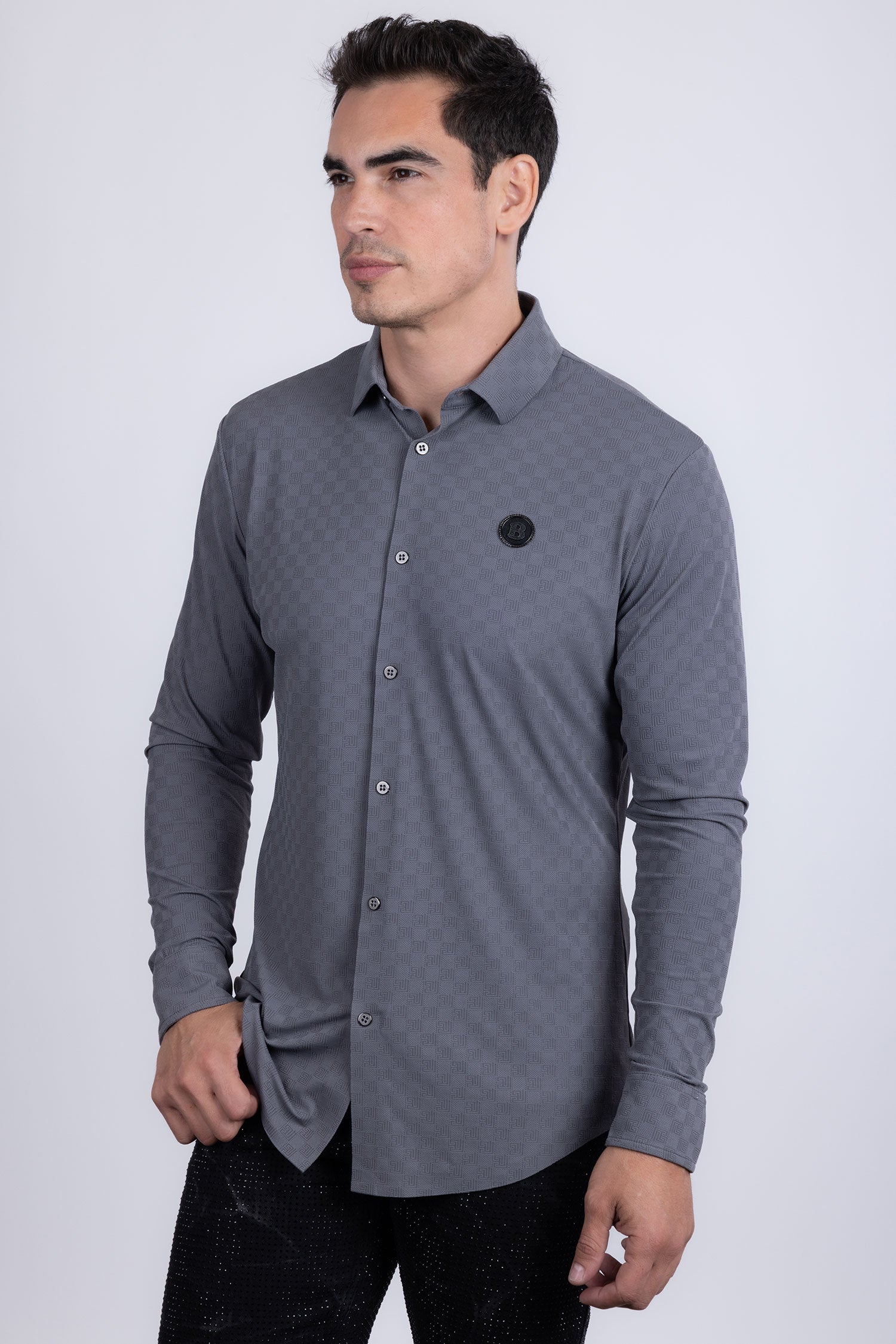 Barabas Men's Patterned Stretch Button Down Long Sleeve Shirts 5B21 Grey