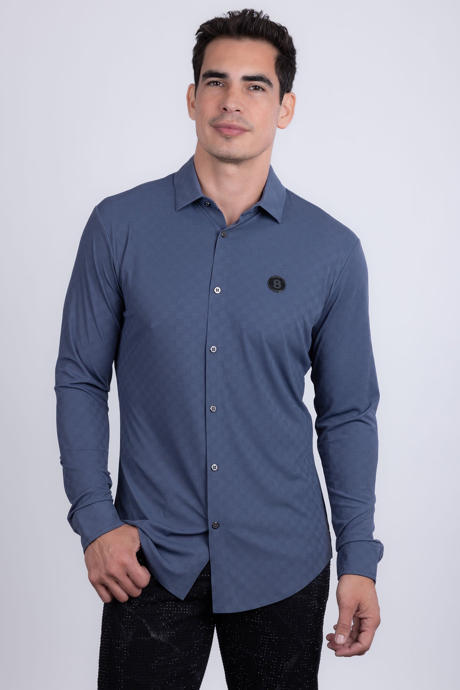 Barabas Men's Patterned Stretch Button Down Long Sleeve Shirts 5B21 Navy