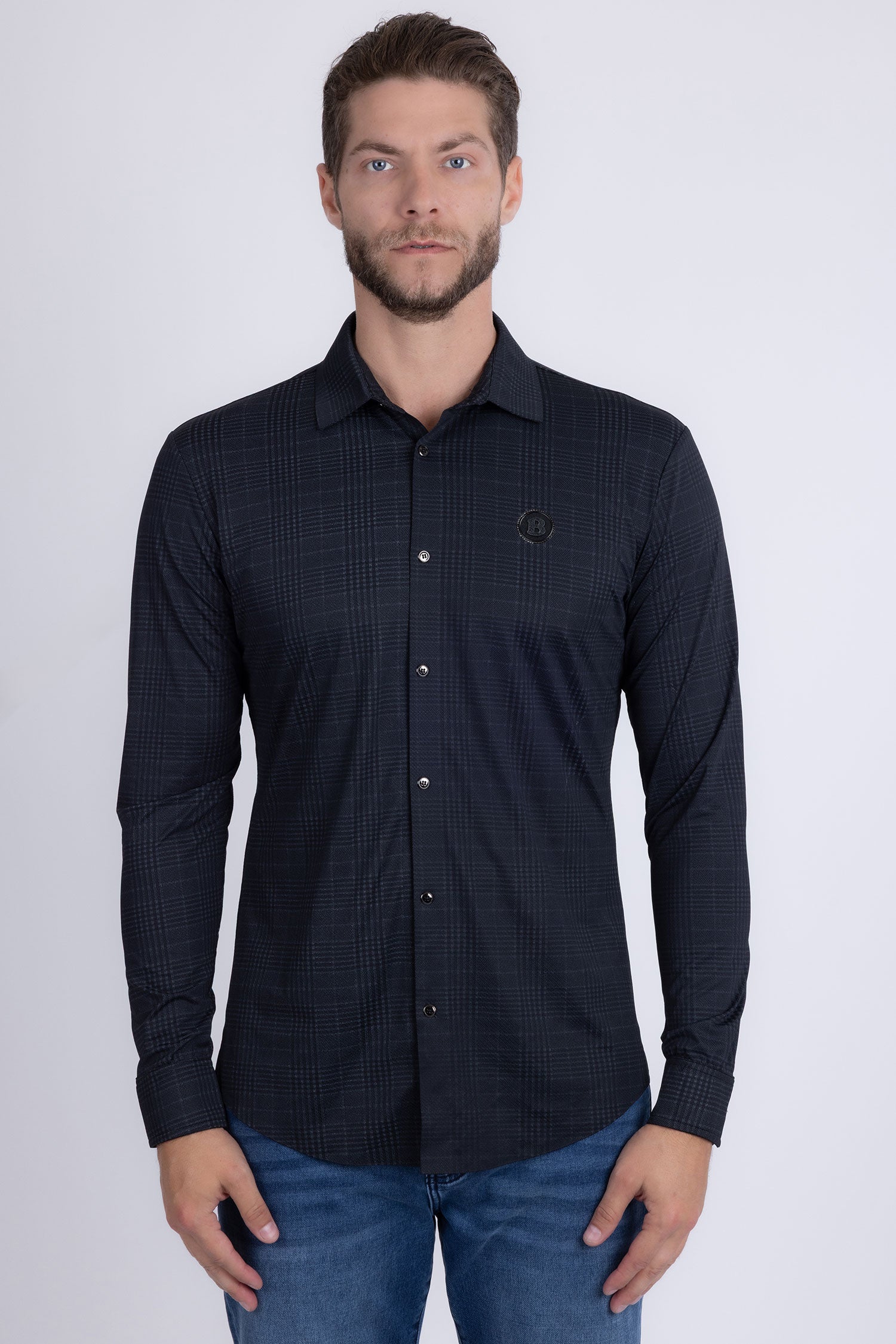 Barabas Men's Patterned Plaid Stretch Long Sleeve Shirts 5B23 Black