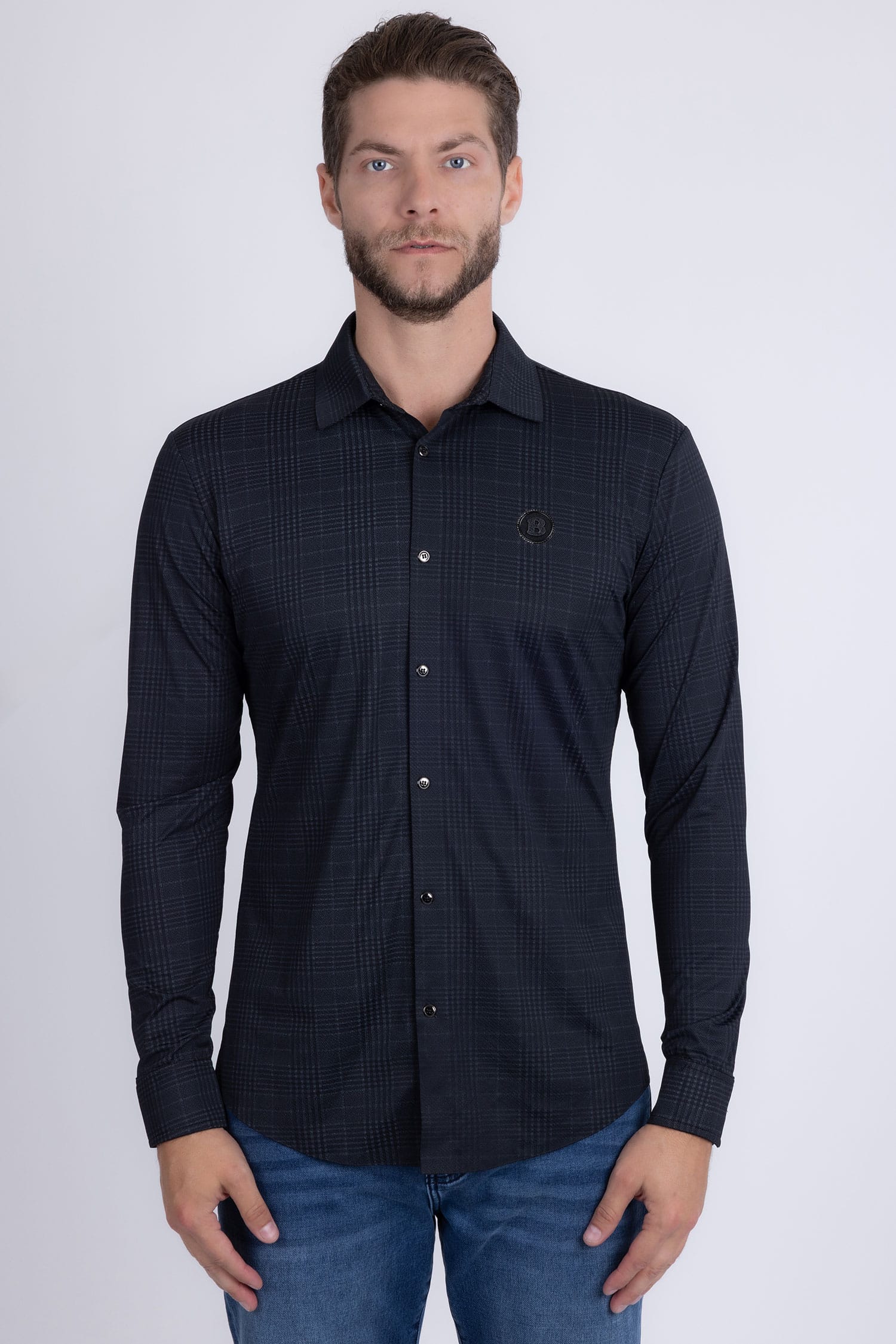 Barabas Men's Patterned Plaid Stretch Long Sleeve Shirts 5B23 Black