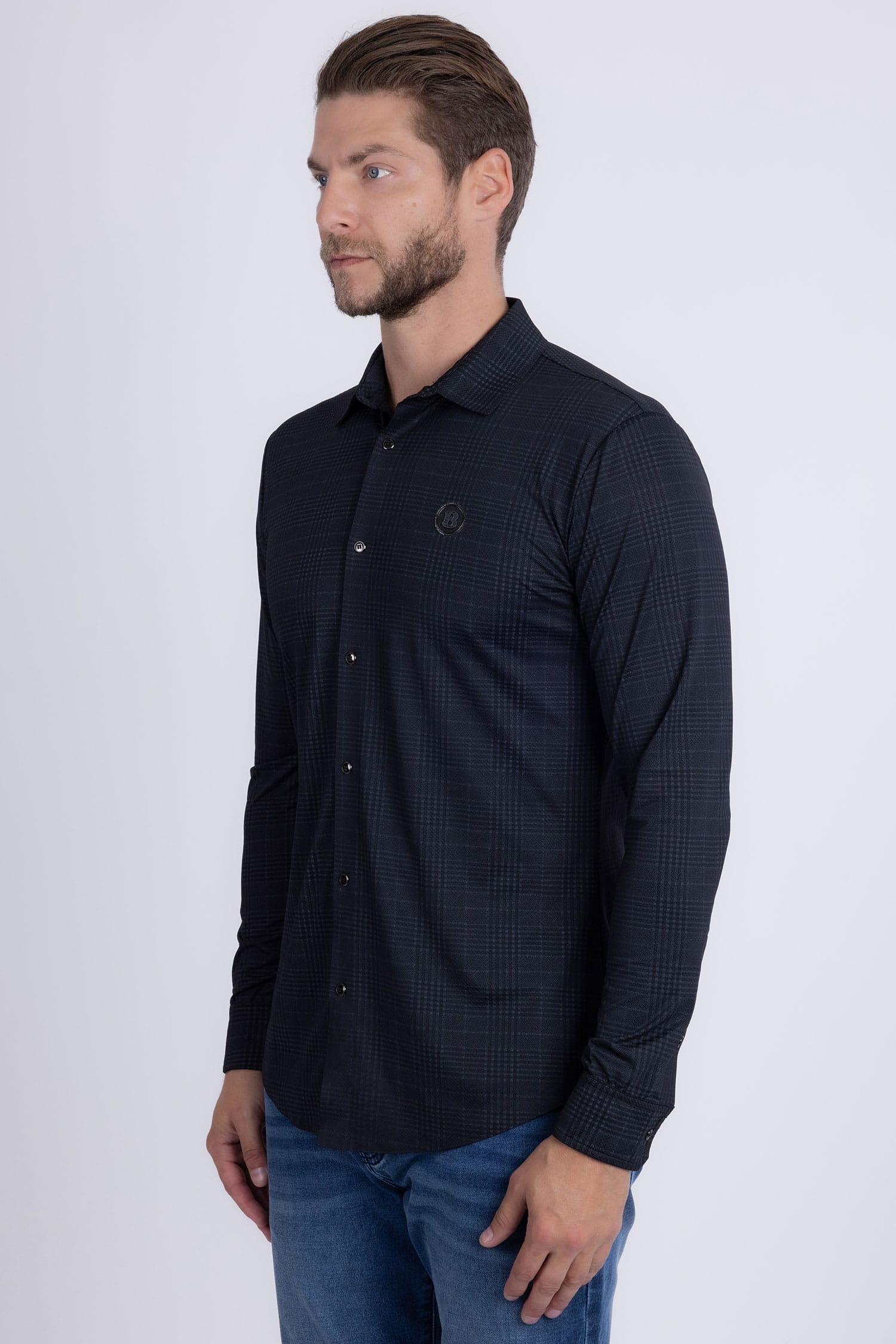 Barabas Men's Patterned Plaid Stretch Long Sleeve Shirts 5B23 Black