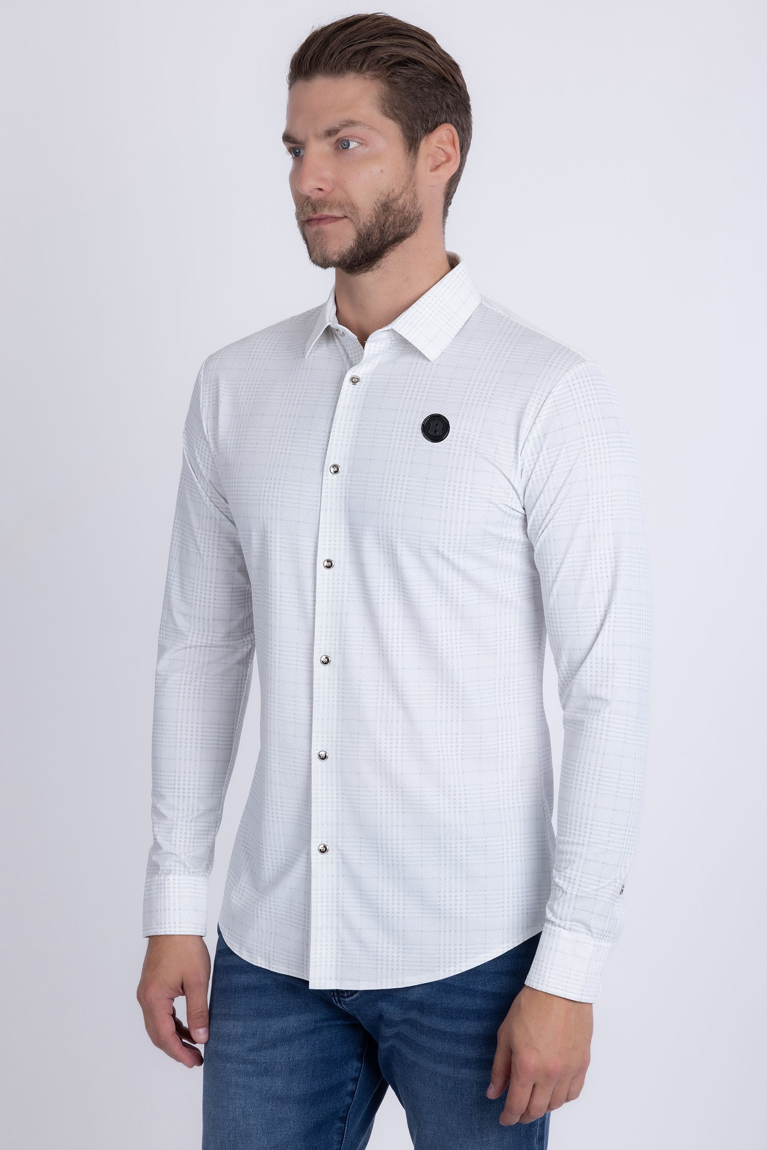 Barabas Men's Patterned Plaid Stretch Long Sleeve Shirts 5B23 White