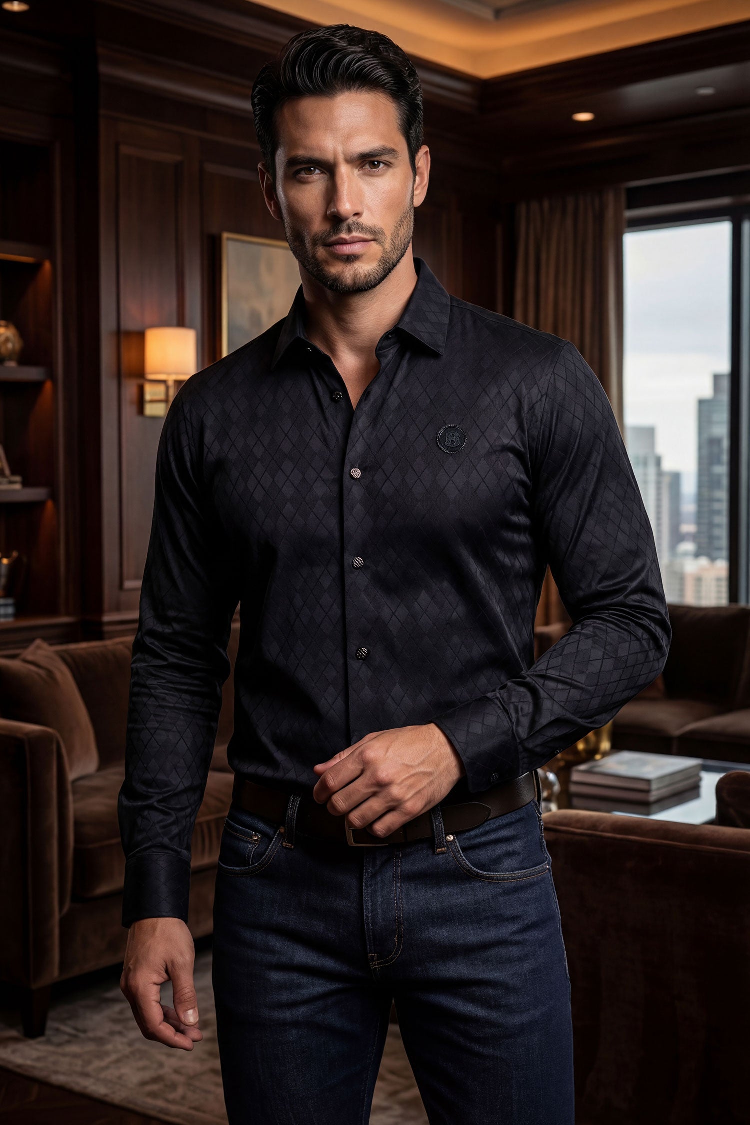 Barabas Men's Textured Stretch Button Down Long Sleeve Shirts 5B26 Black