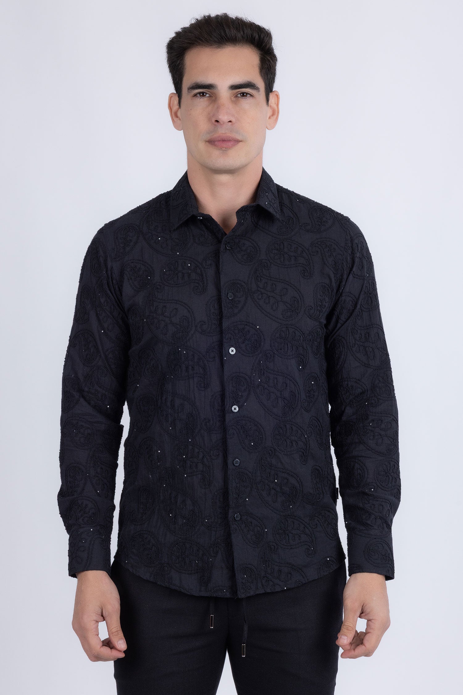 Barabas Men's Embroidered Sequins Collar Long Sleeve Shirts 5B41 Black