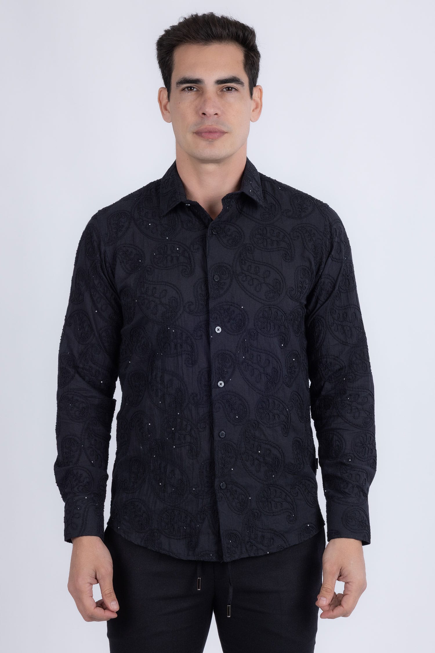 Barabas Men's Embroidered Sequins Collar Long Sleeve Shirts 5B41 Black