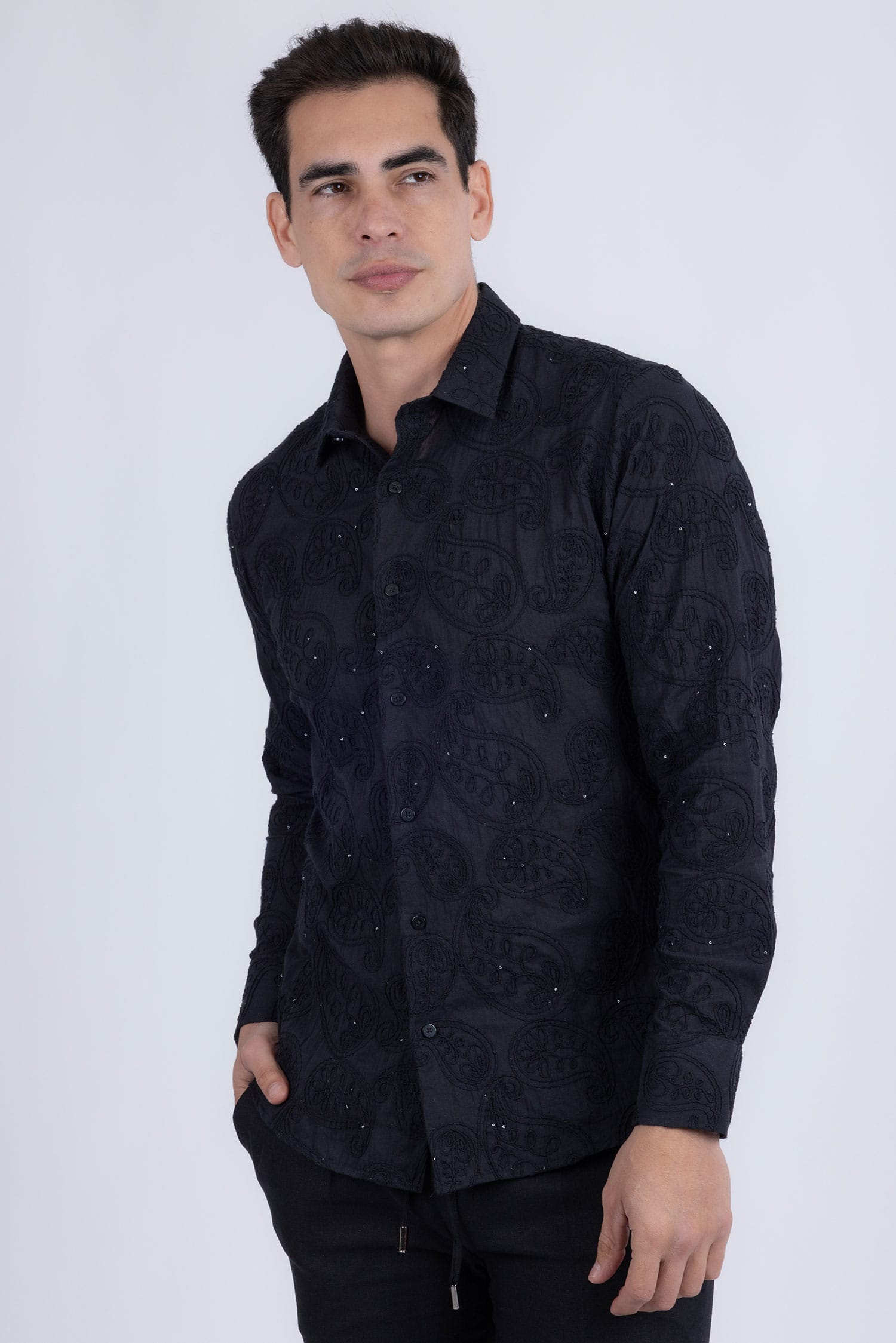 Barabas Men's Embroidered Sequins Collar Long Sleeve Shirts 5B41 Black