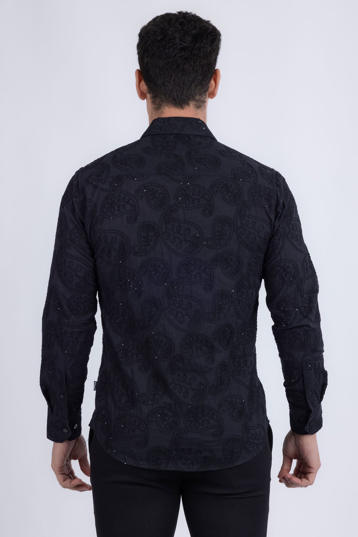 Barabas Men's Embroidered Sequins Collar Long Sleeve Shirts 5B41 Black