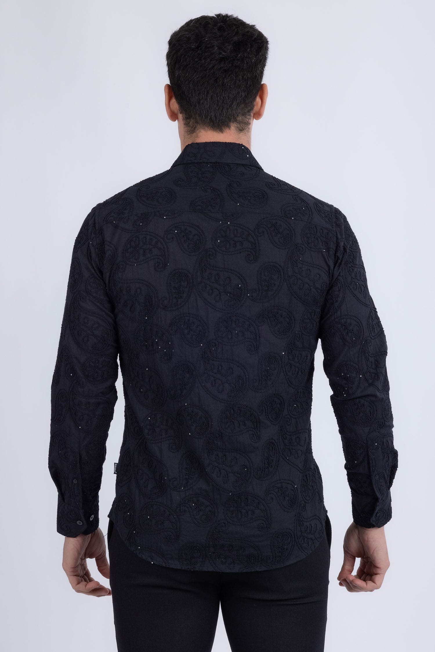Barabas Men's Embroidered Sequins Collar Long Sleeve Shirts 5B41 Black