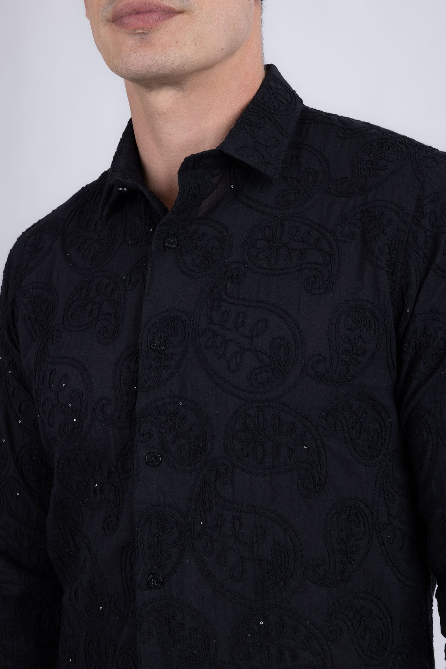 Barabas Men's Embroidered Sequins Collar Long Sleeve Shirts 5B41 Black