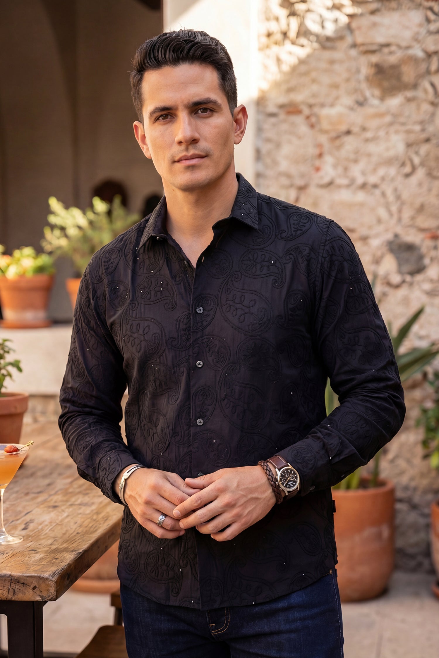 Barabas Men's Embroidered Sequins Collar Long Sleeve Shirts 5B41 Black