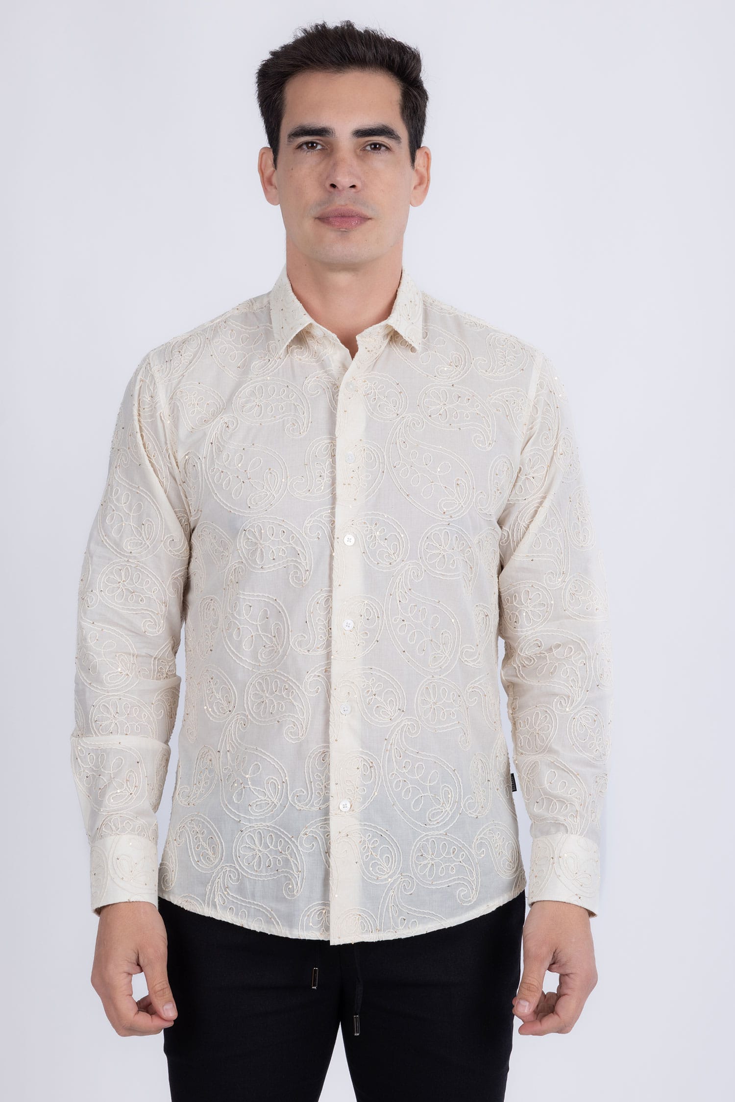 Barabas Men's Embroidered Sequins Collar Long Sleeve Shirts 5B41 White