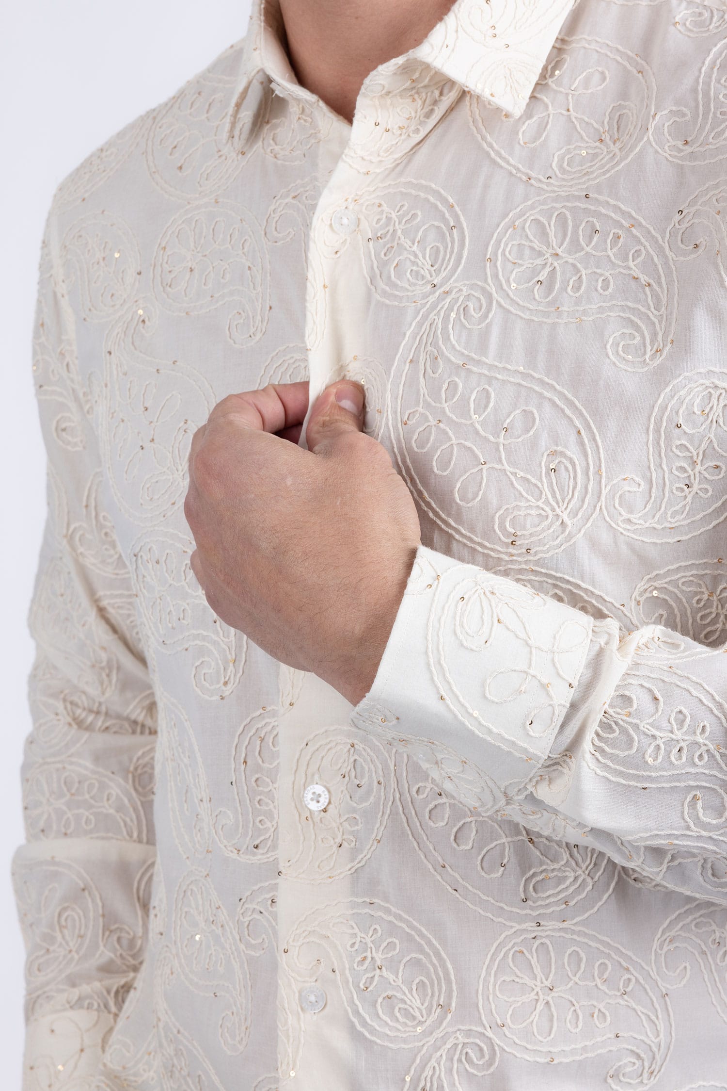 Barabas Men's Embroidered Sequins Collar Long Sleeve Shirts 5B41 Beige
