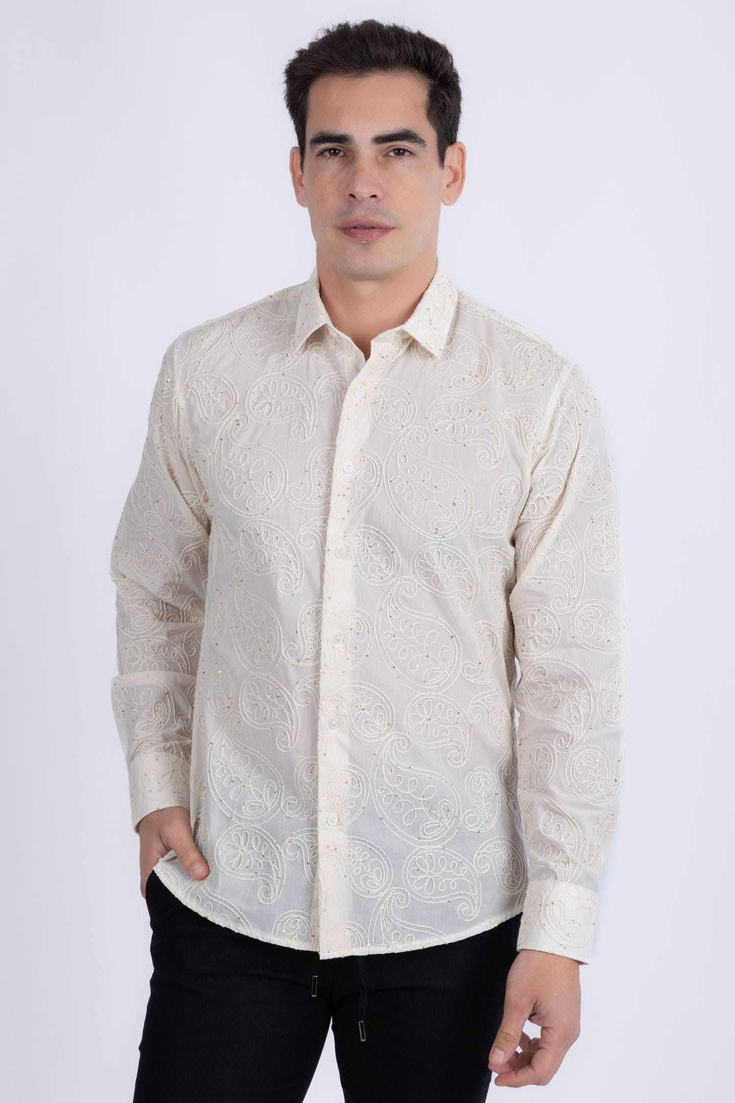 Barabas Men's Embroidered Sequins Collar Long Sleeve Shirts 5B41 Beige