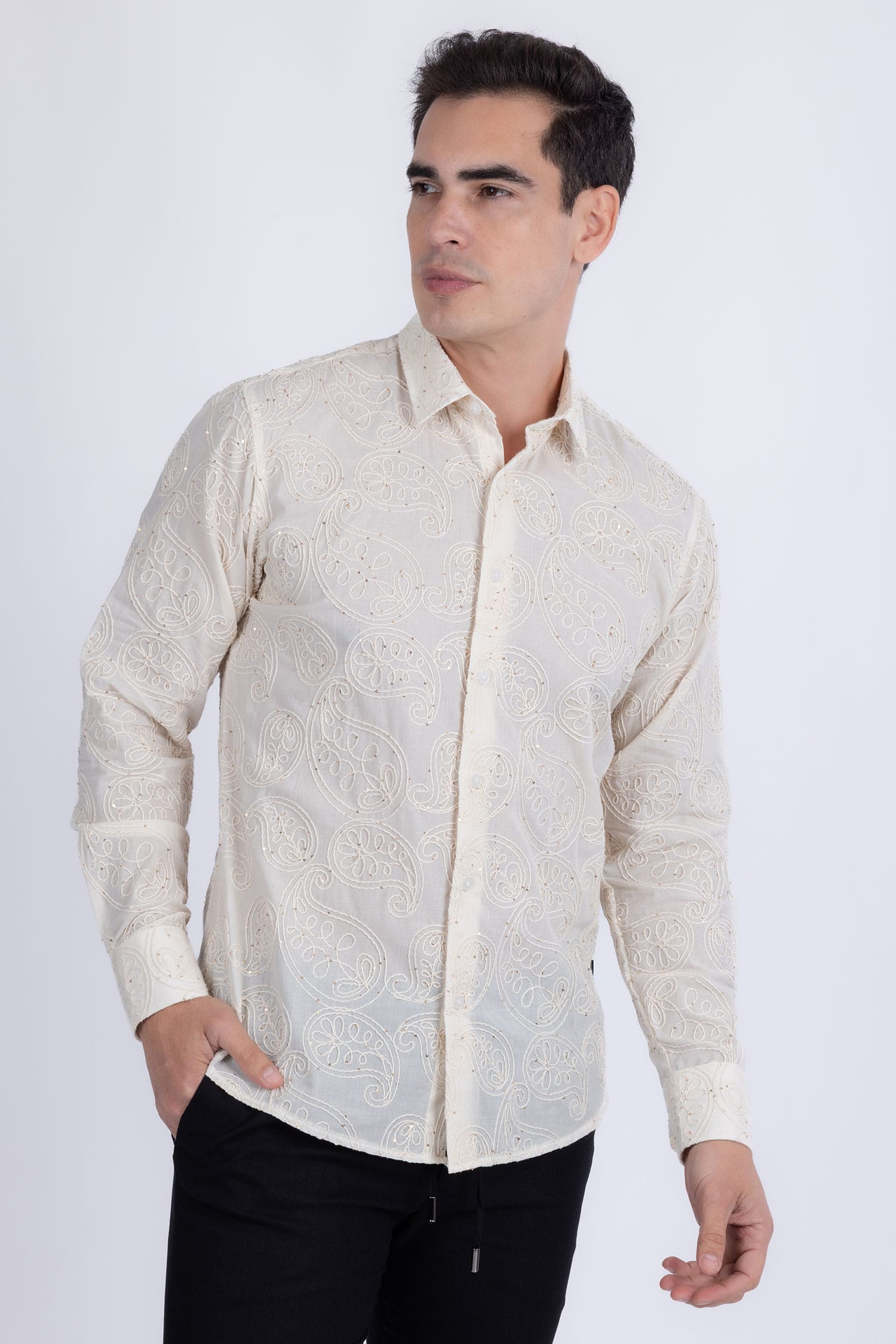 Barabas Men's Embroidered Sequins Collar Long Sleeve Shirts 5B41 Off White
