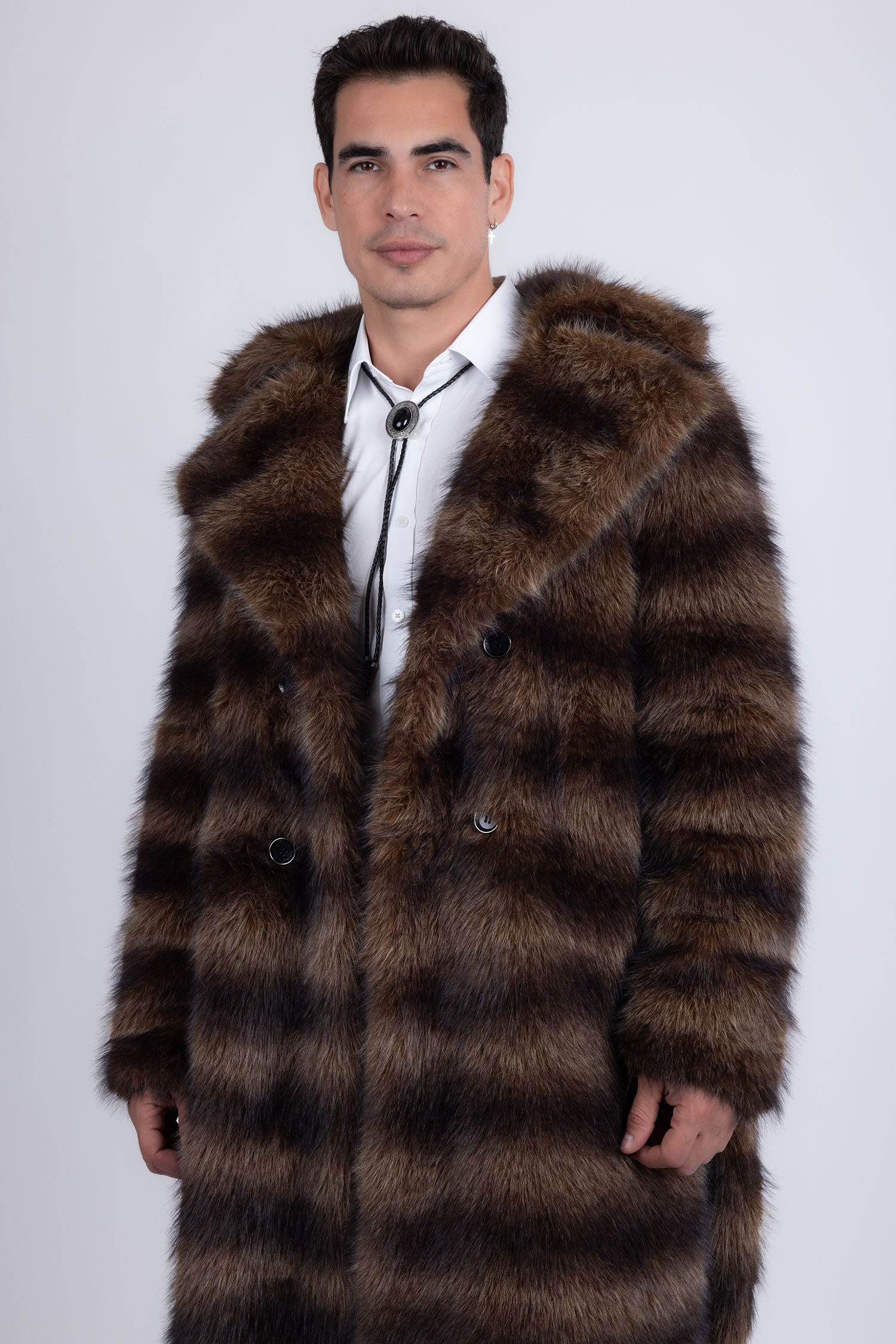 Barabas Men's Soft Fur Notch Lapel Long Coat 5BHL01 Brown