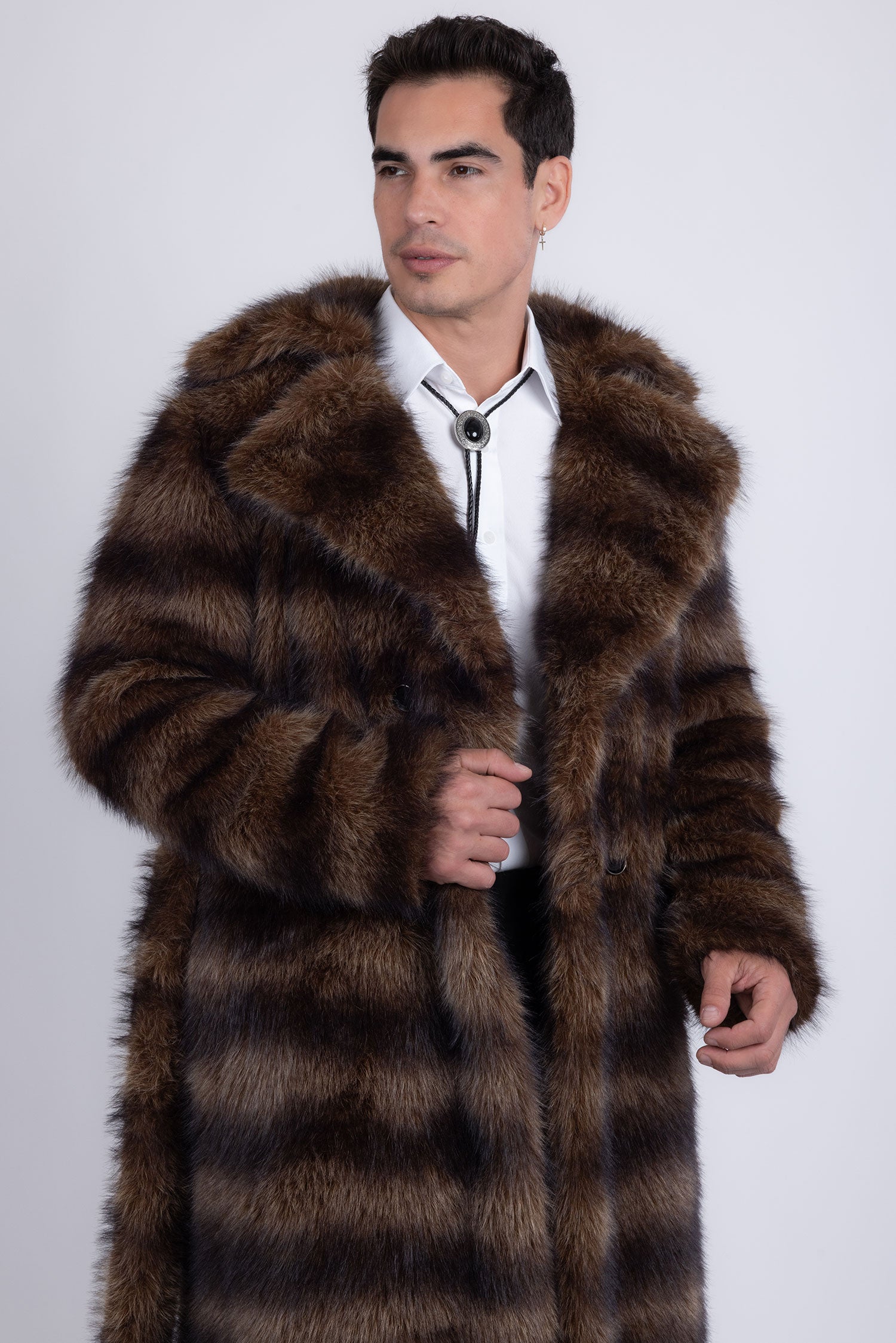 Barabas Men's Soft Fur Notch Lapel Long Coat 5BHL01 Brown