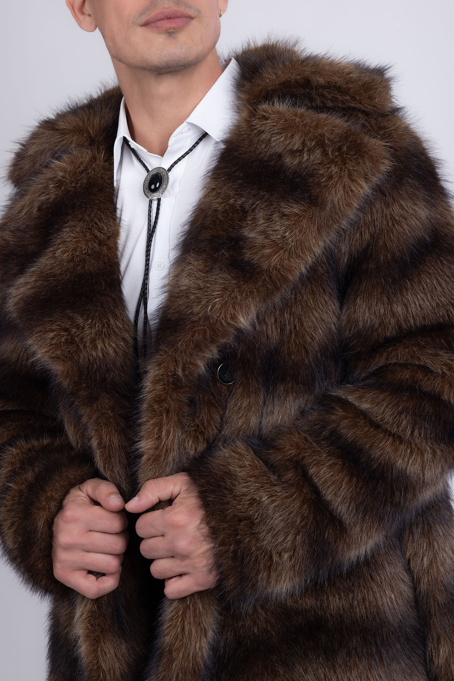 Barabas Men's Soft Fur Notch Lapel Long Coat 5BHL01 Brown