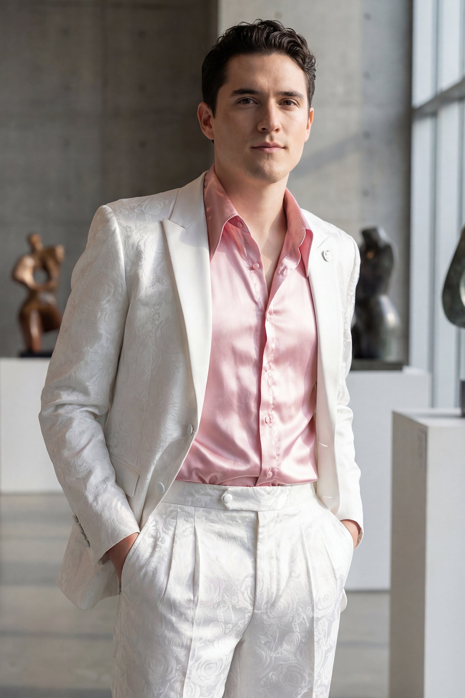 Barabas Men's Floral Shiny Design Luxury Peak Lapel Blazer 5BL02 white