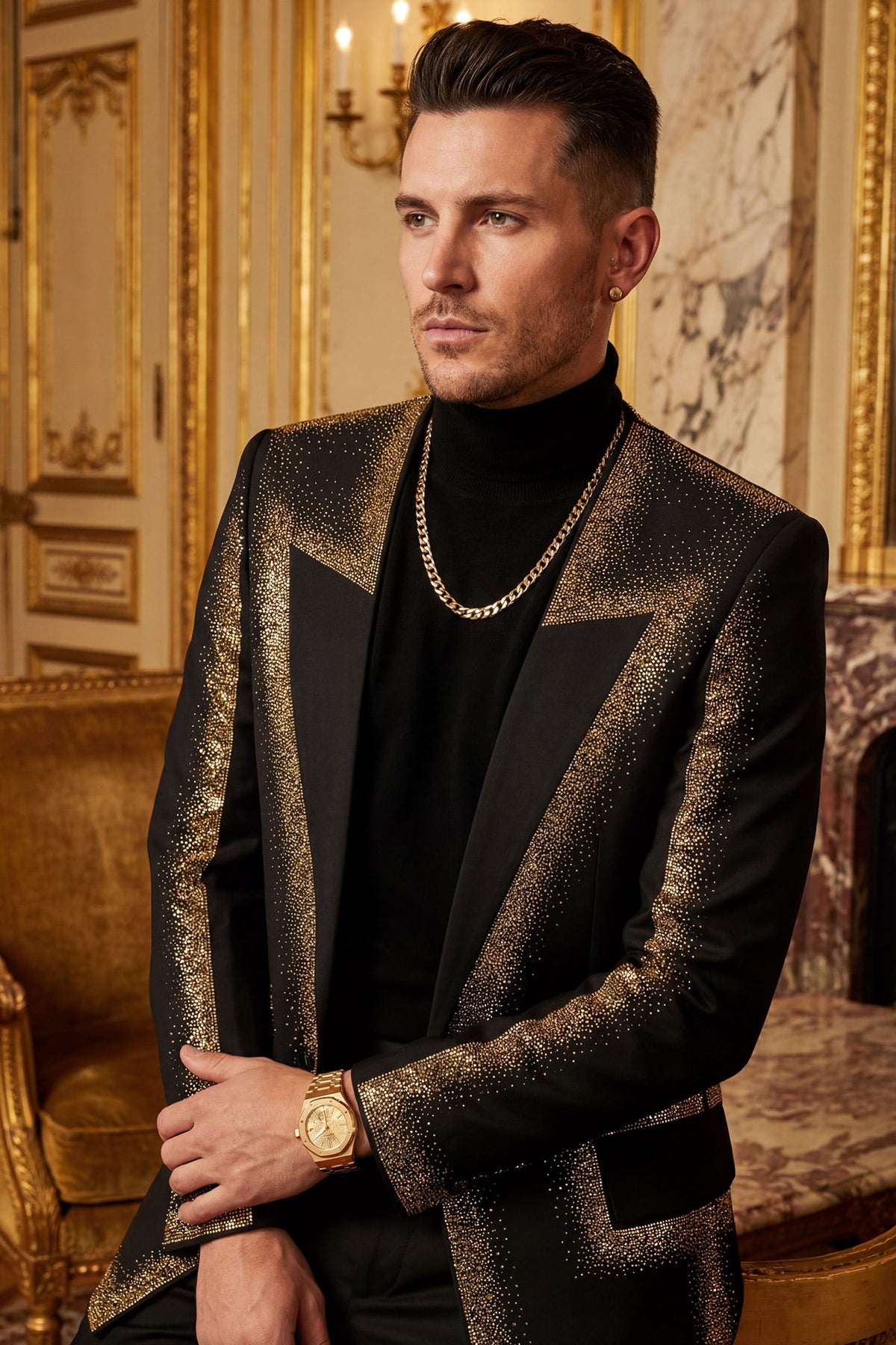 Barabas Men's Rhinestone Design Luxury Prom Collarless Blazer 5BL03 Black Gold