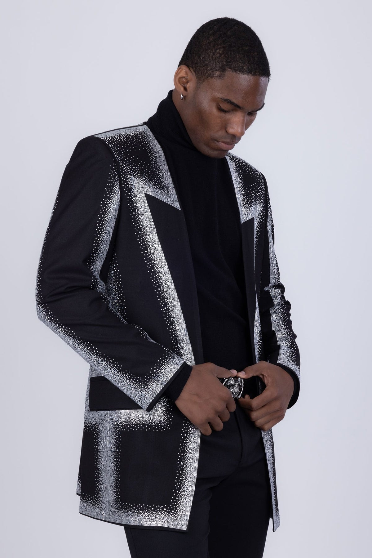 Barabas Men's Rhinestone Design Luxury Prom Collarless Blazer 5BL03 Black Silver