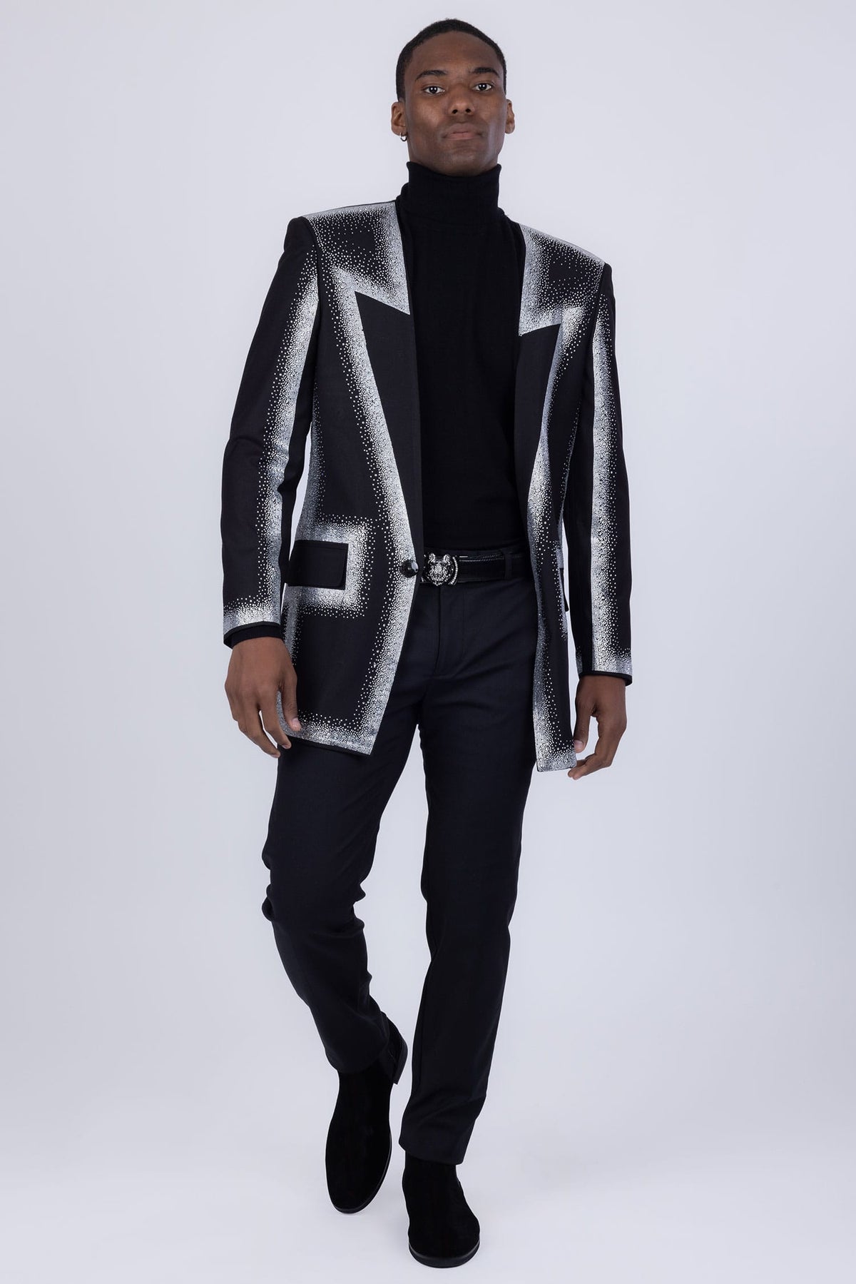 Barabas Men's Rhinestone Design Luxury Prom Collarless Blazer 5BL03 Black Silver