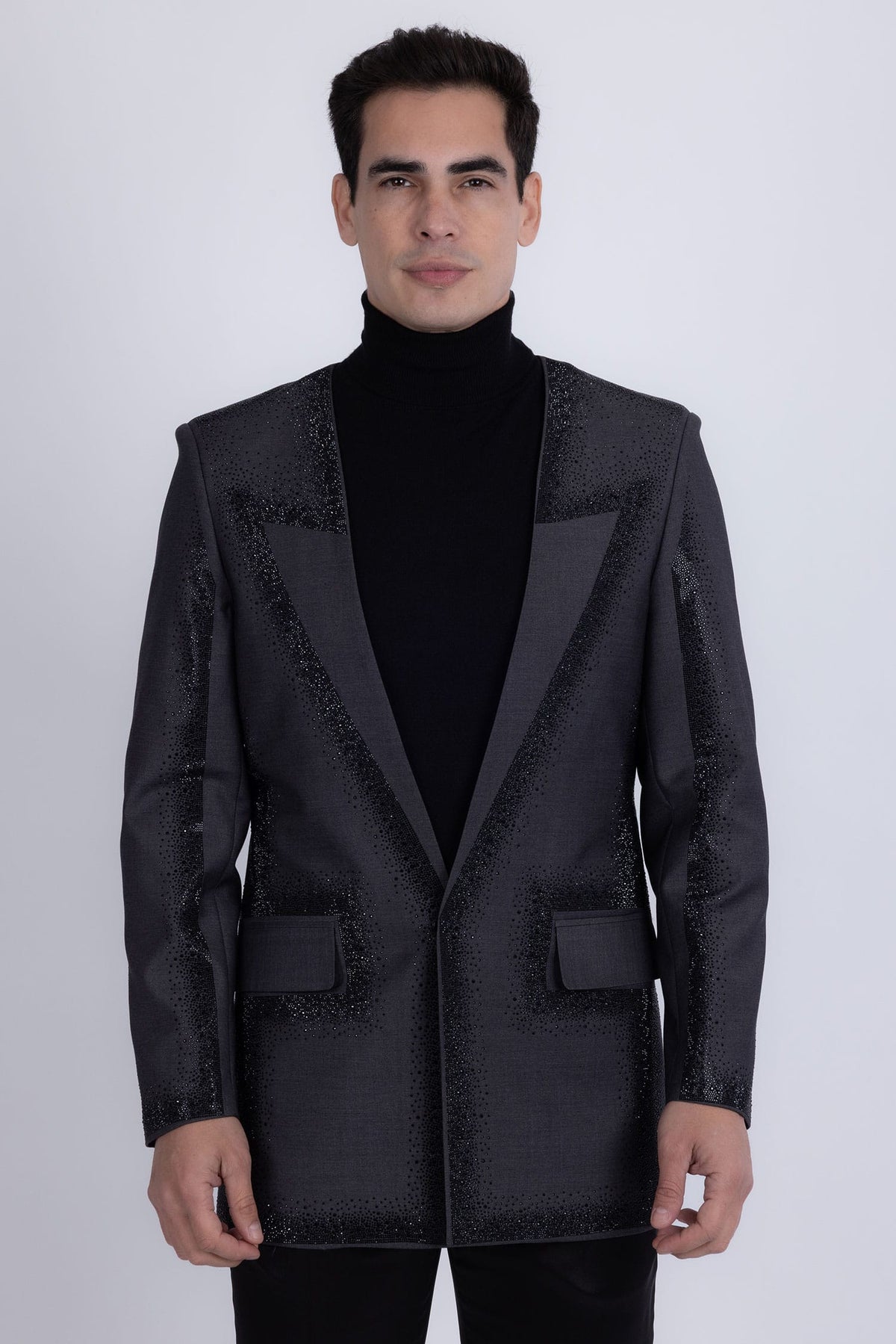 Barabas Men's Rhinestone Design Luxury Prom Collarless Blazer 5BL03 Charcoal Black