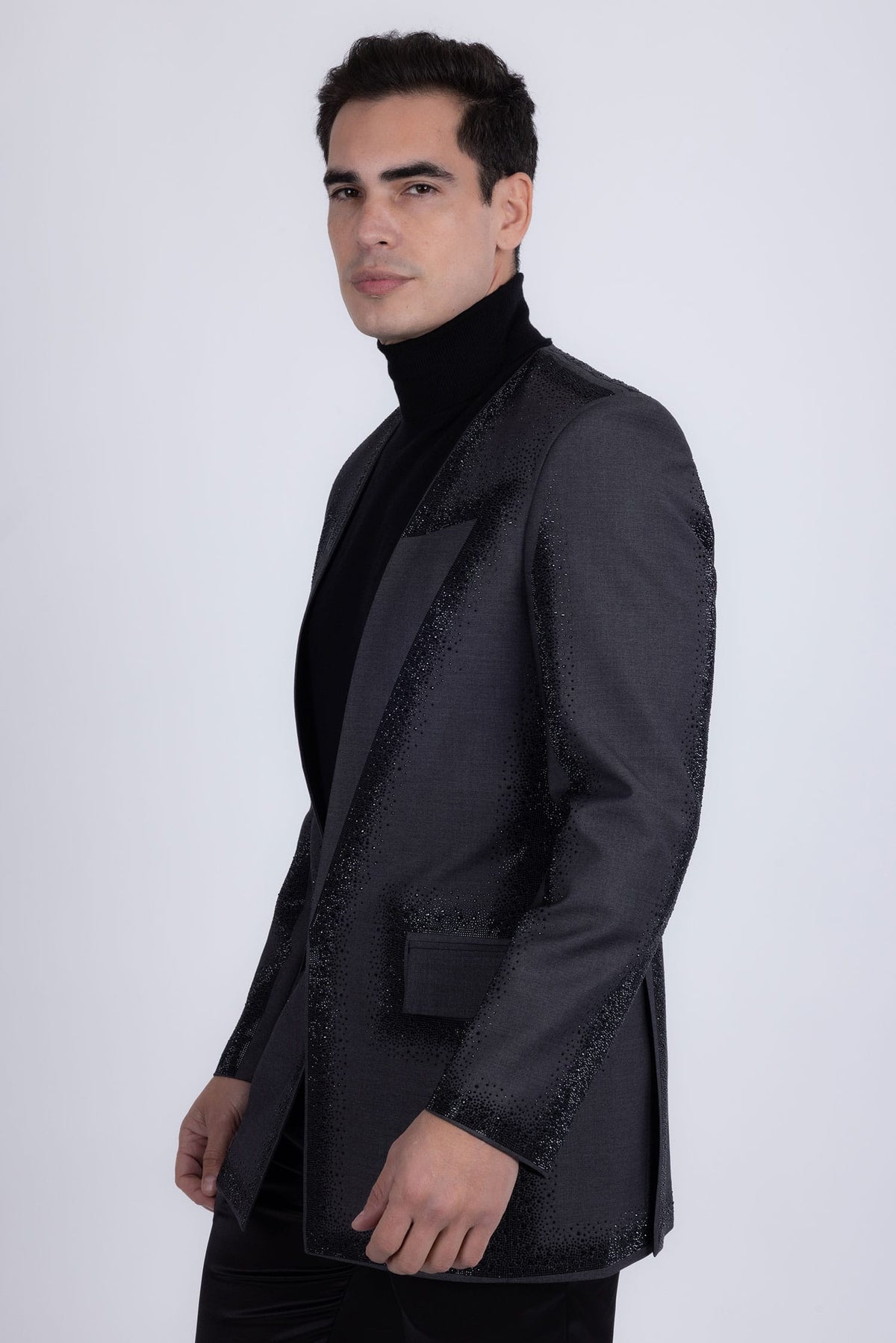 Barabas Men's Rhinestone Design Luxury Prom Collarless Blazer 5BL03 Charcoal Black