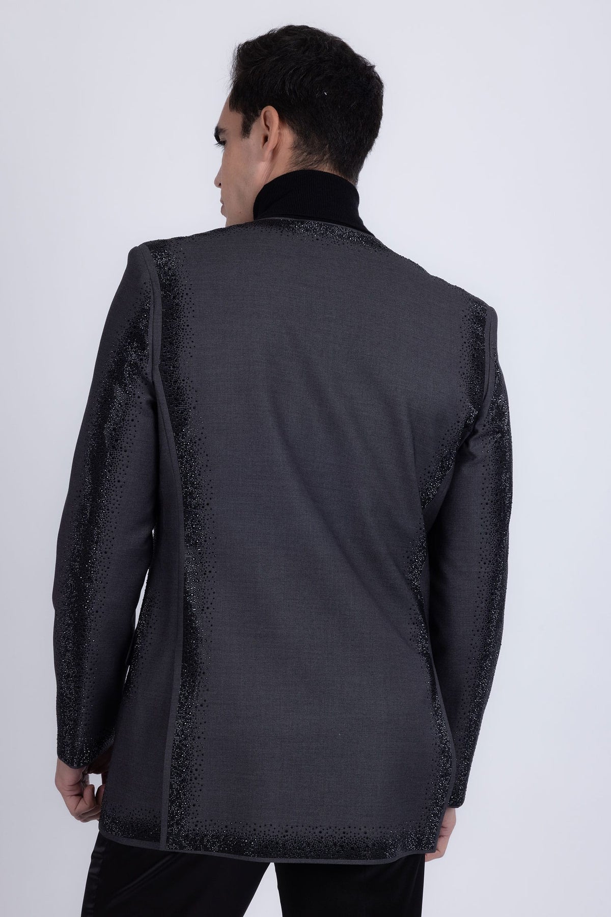 Barabas Men's Rhinestone Design Luxury Prom Collarless Blazer 5BL03 Charcoal Black