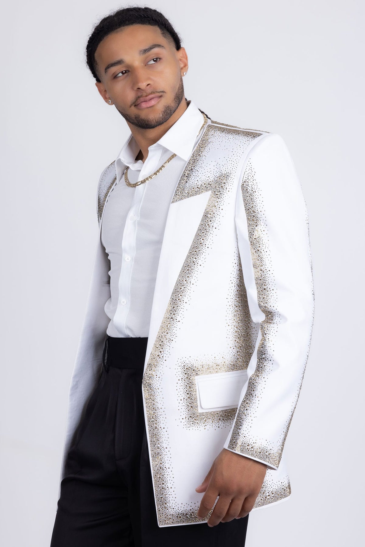 Barabas Men's Rhinestone Design Luxury Prom Collarless Blazer 5BL03 White Gold