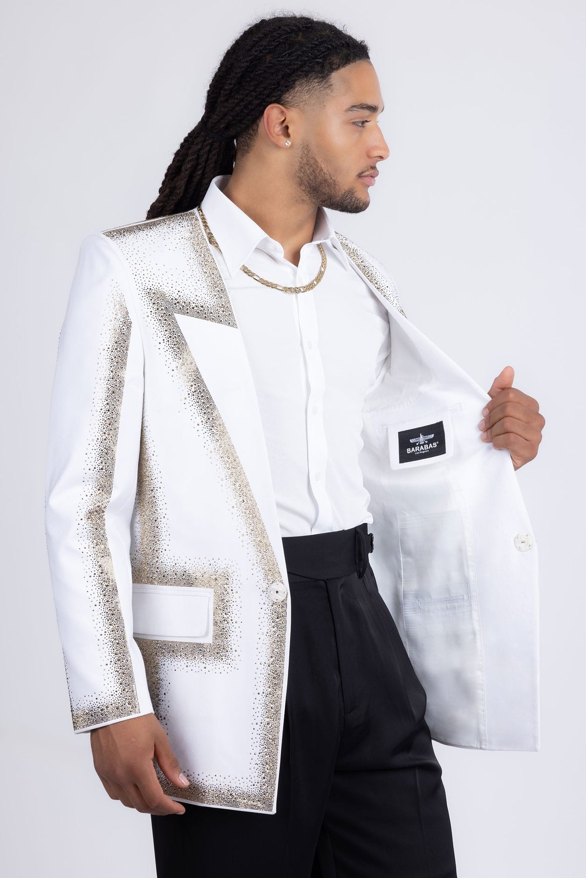 Barabas Men's Rhinestone Design Luxury Prom Collarless Blazer 5BL03 White Gold