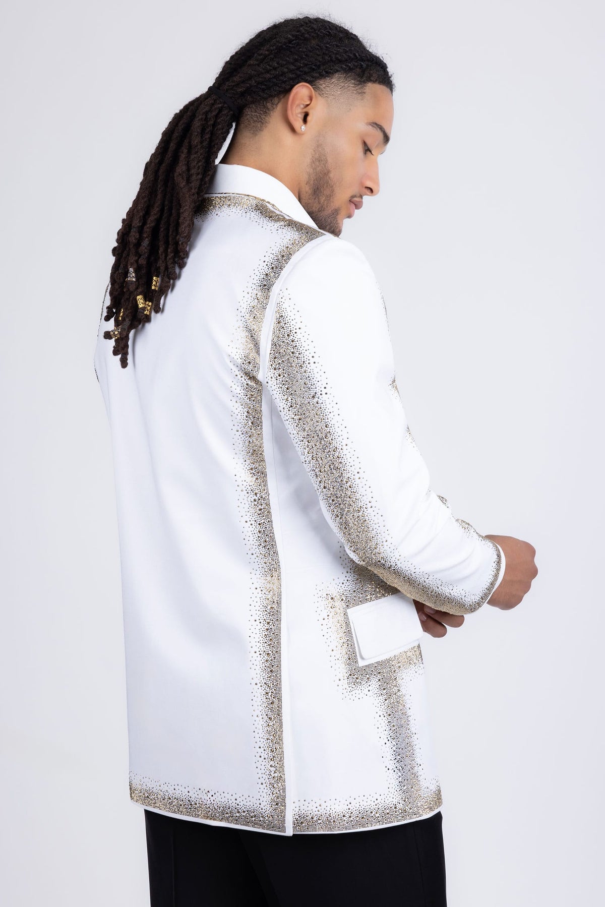 Barabas Men's Rhinestone Design Luxury Prom Collarless Blazer 5BL03 White Gold