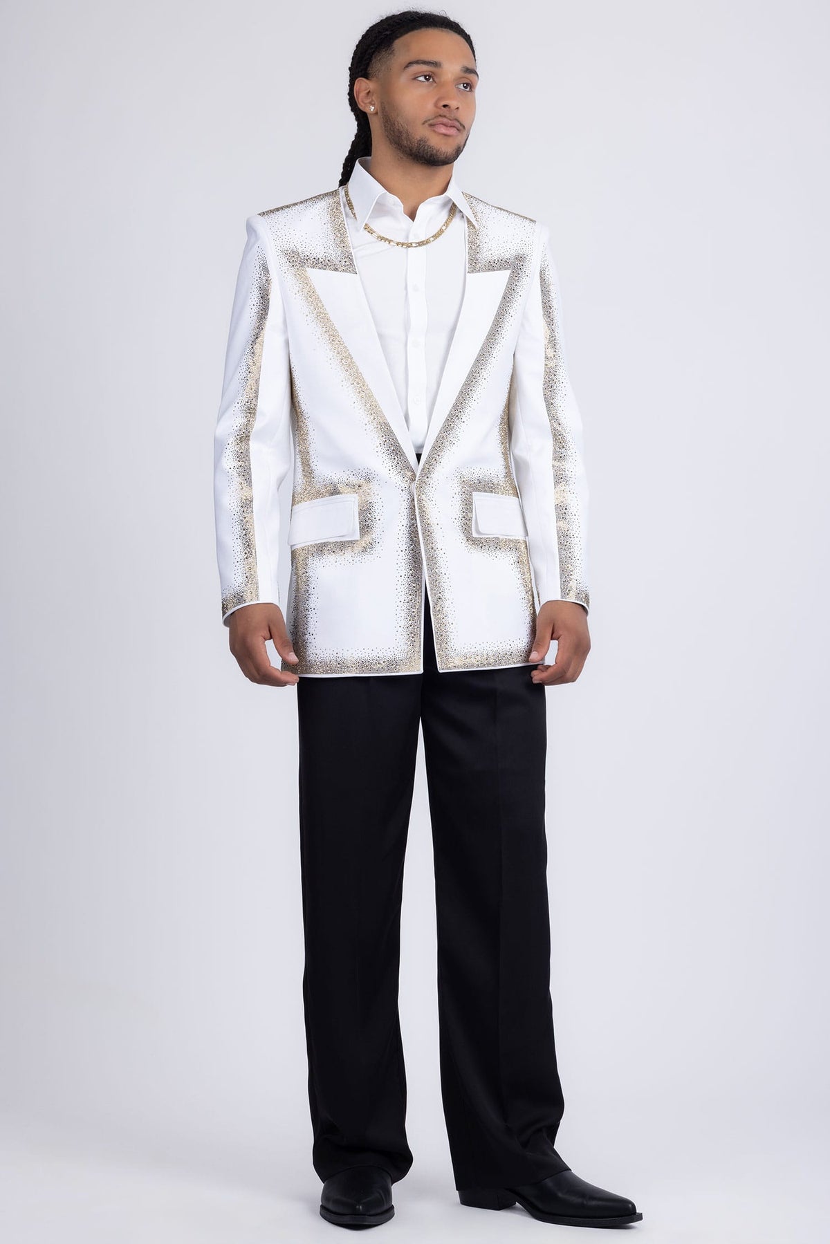 Barabas Men's Rhinestone Design Luxury Prom Collarless Blazer 5BL03 White Gold