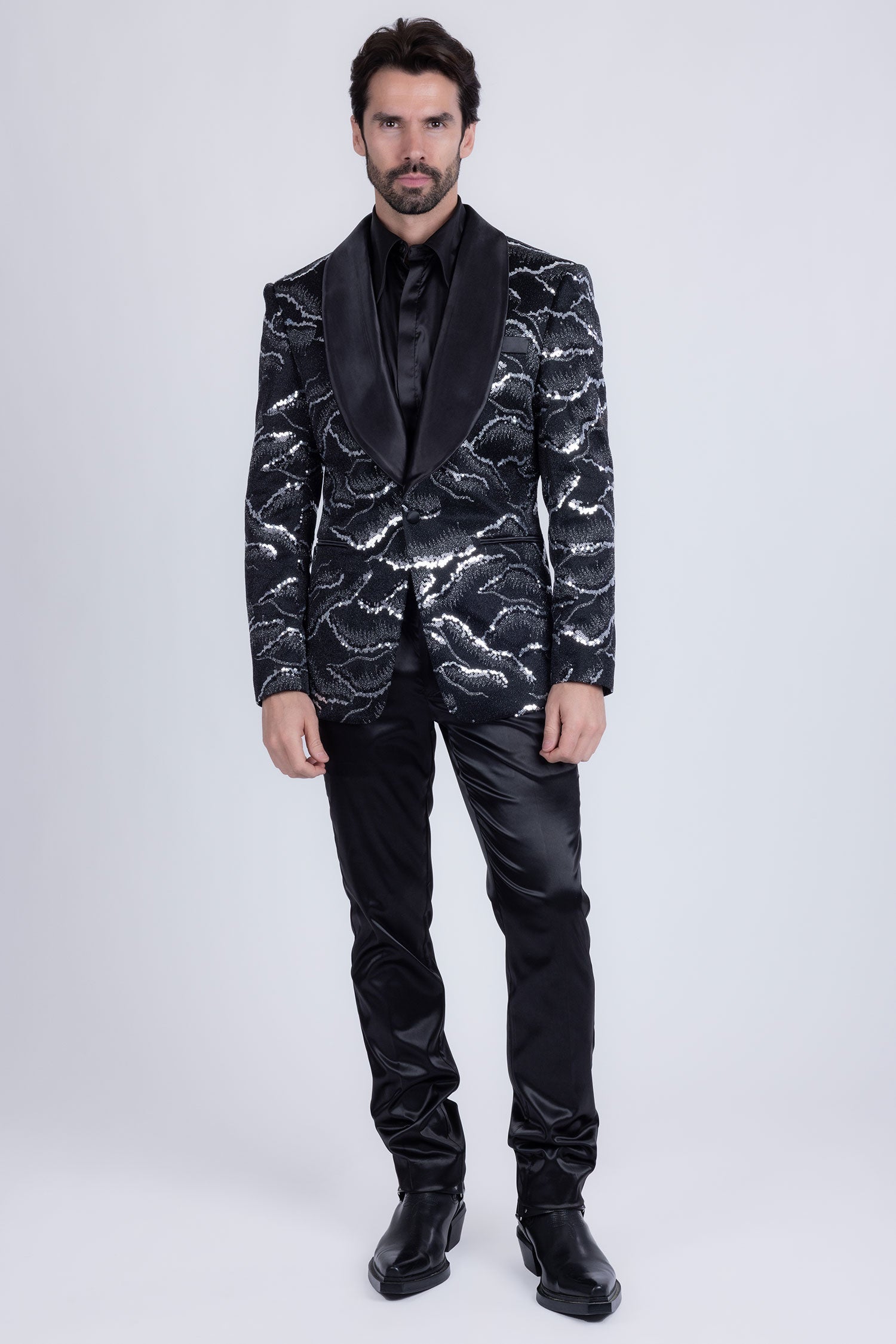 Barabas Men's Sequin Geometric Shiny Design Shawl Lapel Blazer 5BL04 Silver Black