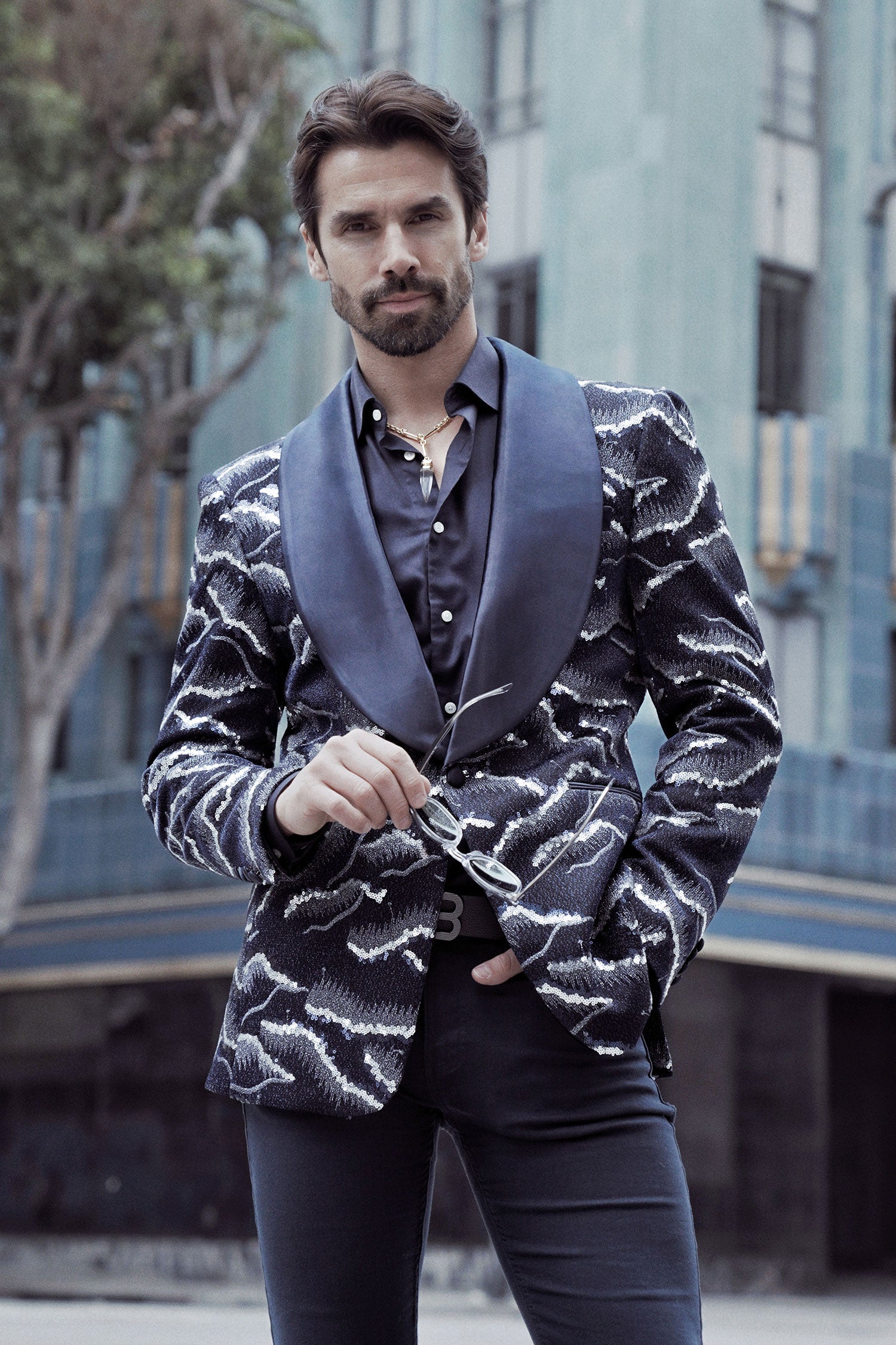 Barabas Men's Sequin Geometric Shiny Design Shawl Lapel Blazer 5BL04 Navy