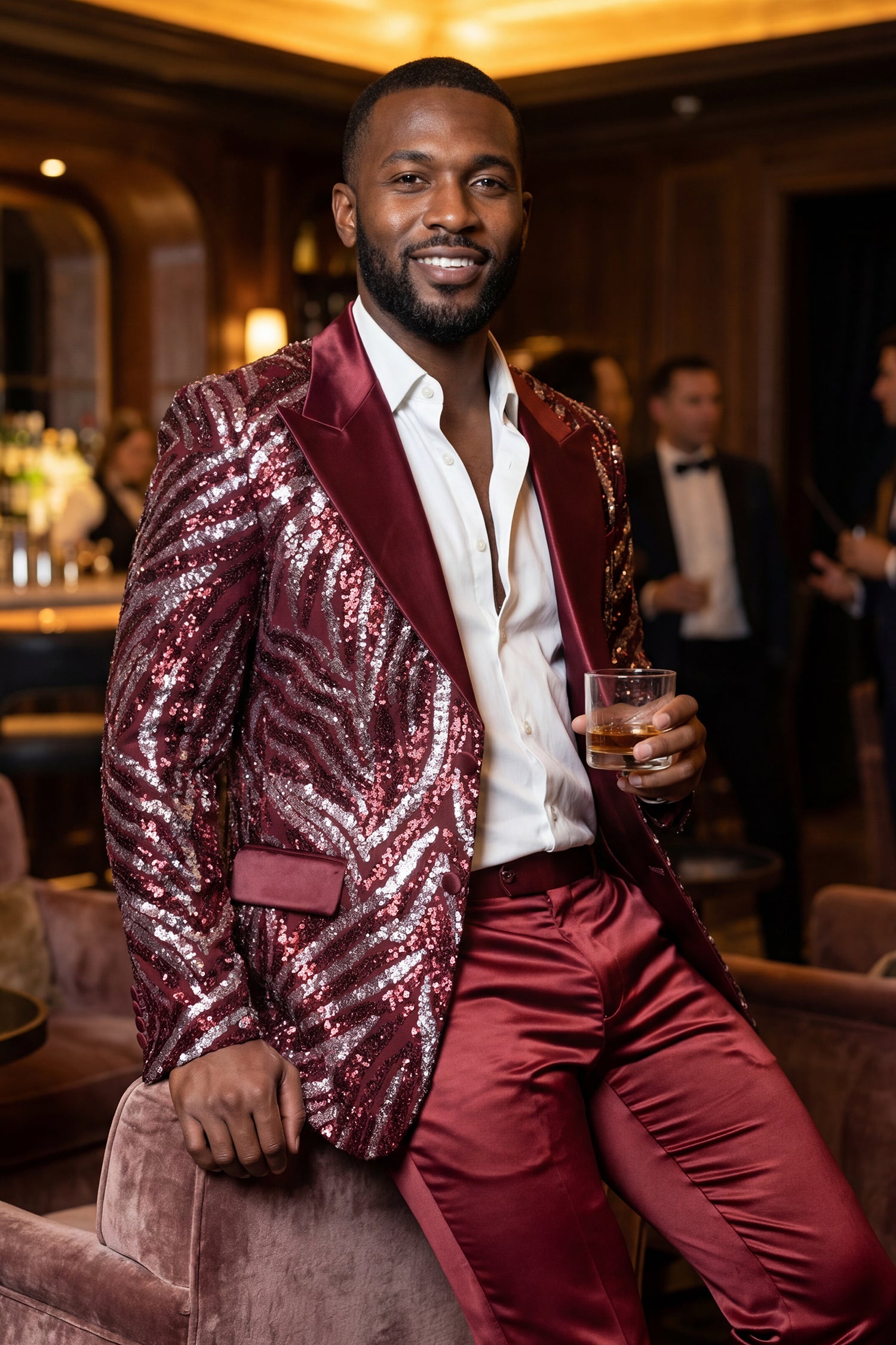 Barabas Men's Sequins Geometric Design Luxury Peak Lapel Blazer 5BL05 Wine