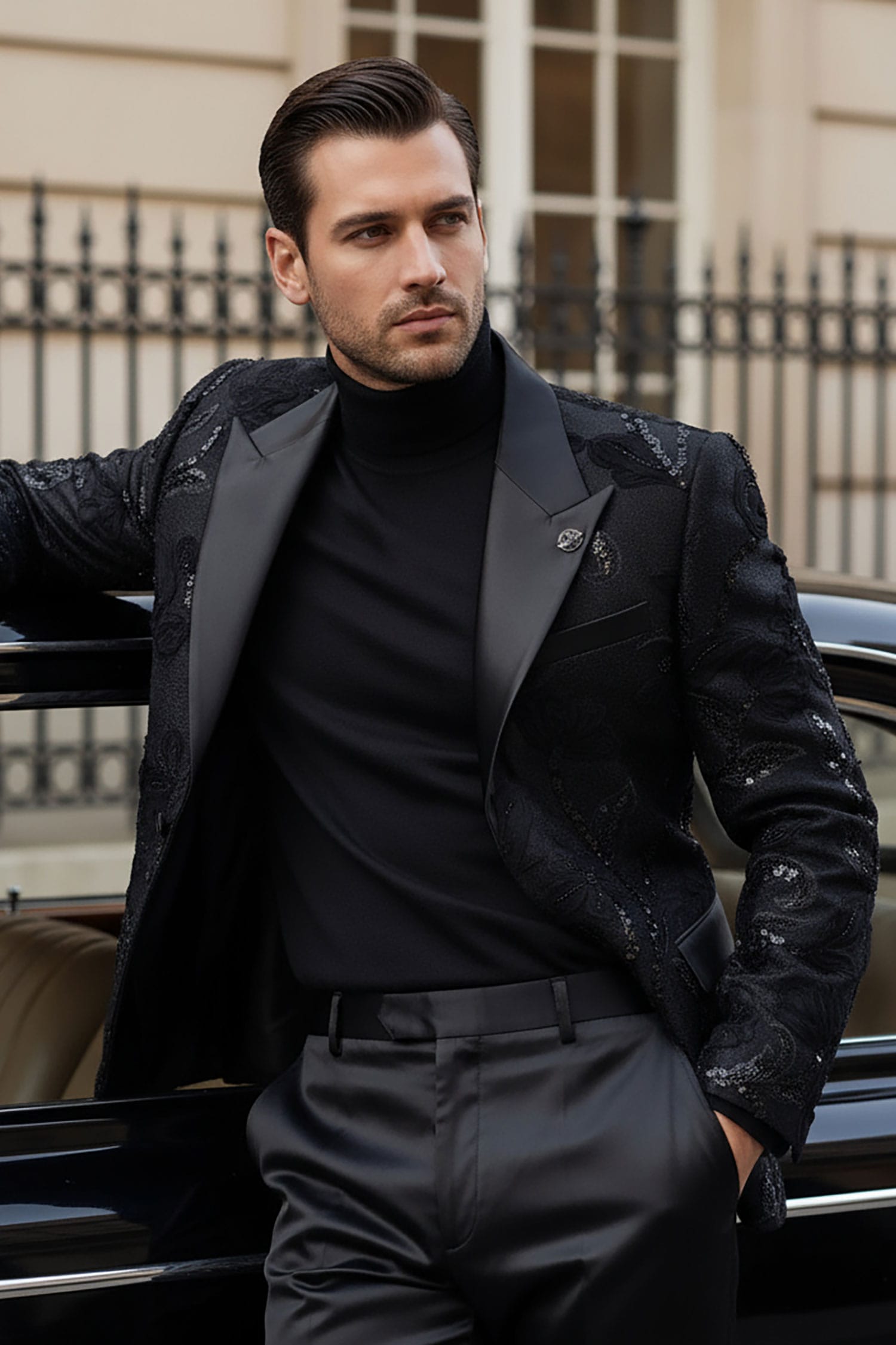 Barabas Men's Floral Shiny Sequin Design Peak Lapel Blazer 5BL07 Black Silver