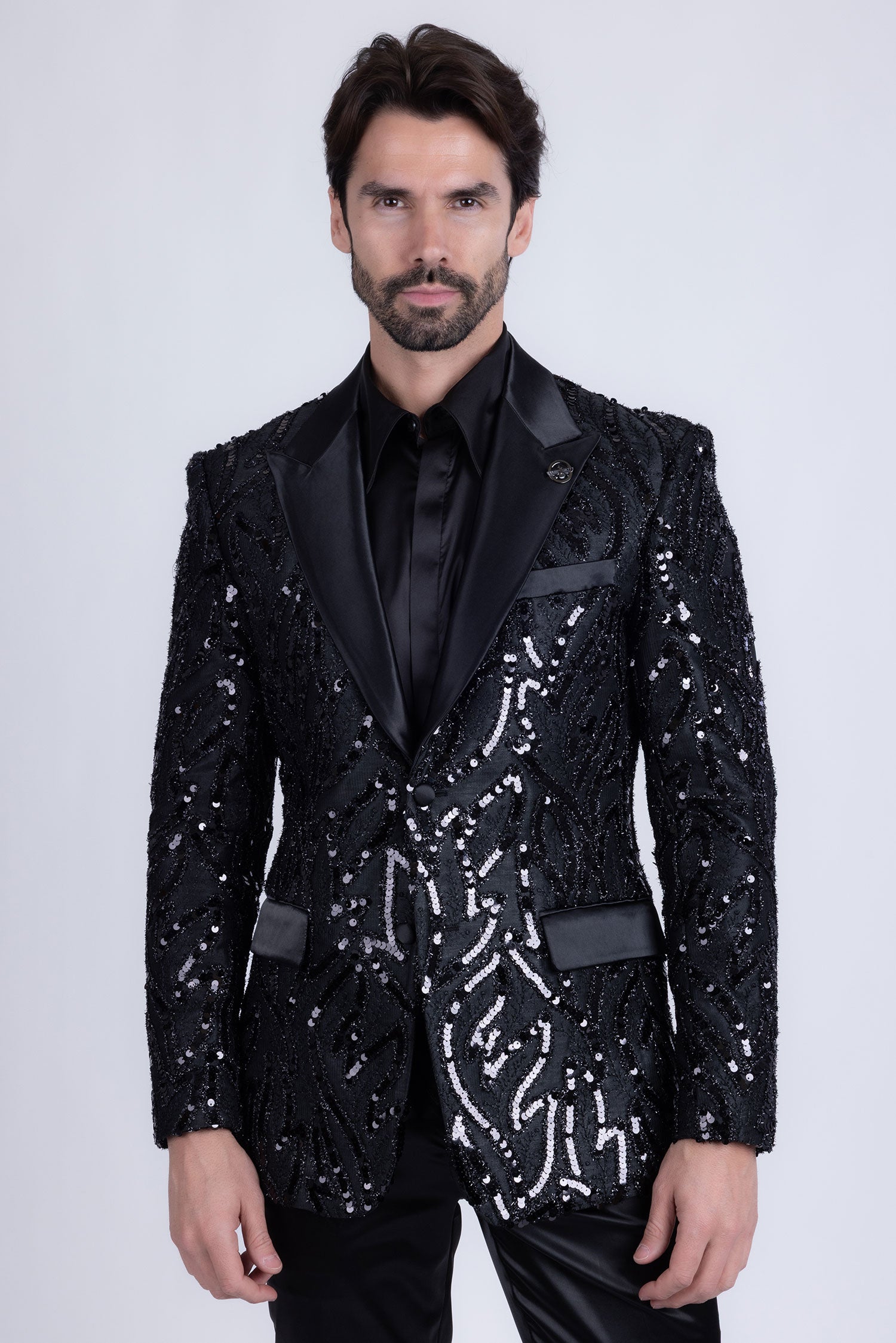 Barabas Men's Floral Sequin Embroidered Design Peak Lapel Blazer 5BL09 Black