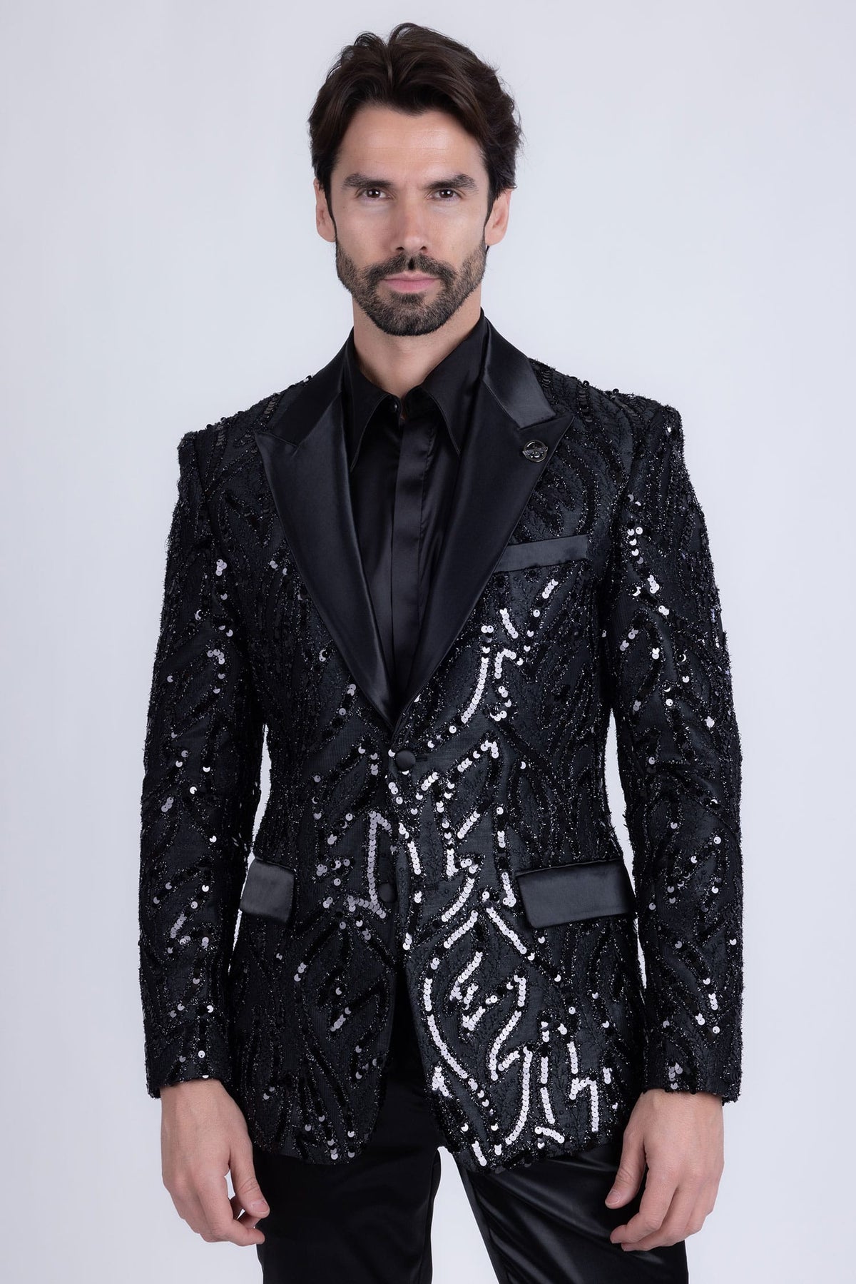 Barabas Men's Floral Sequin Embroidered Design Peak Lapel Blazer 5BL09 Black