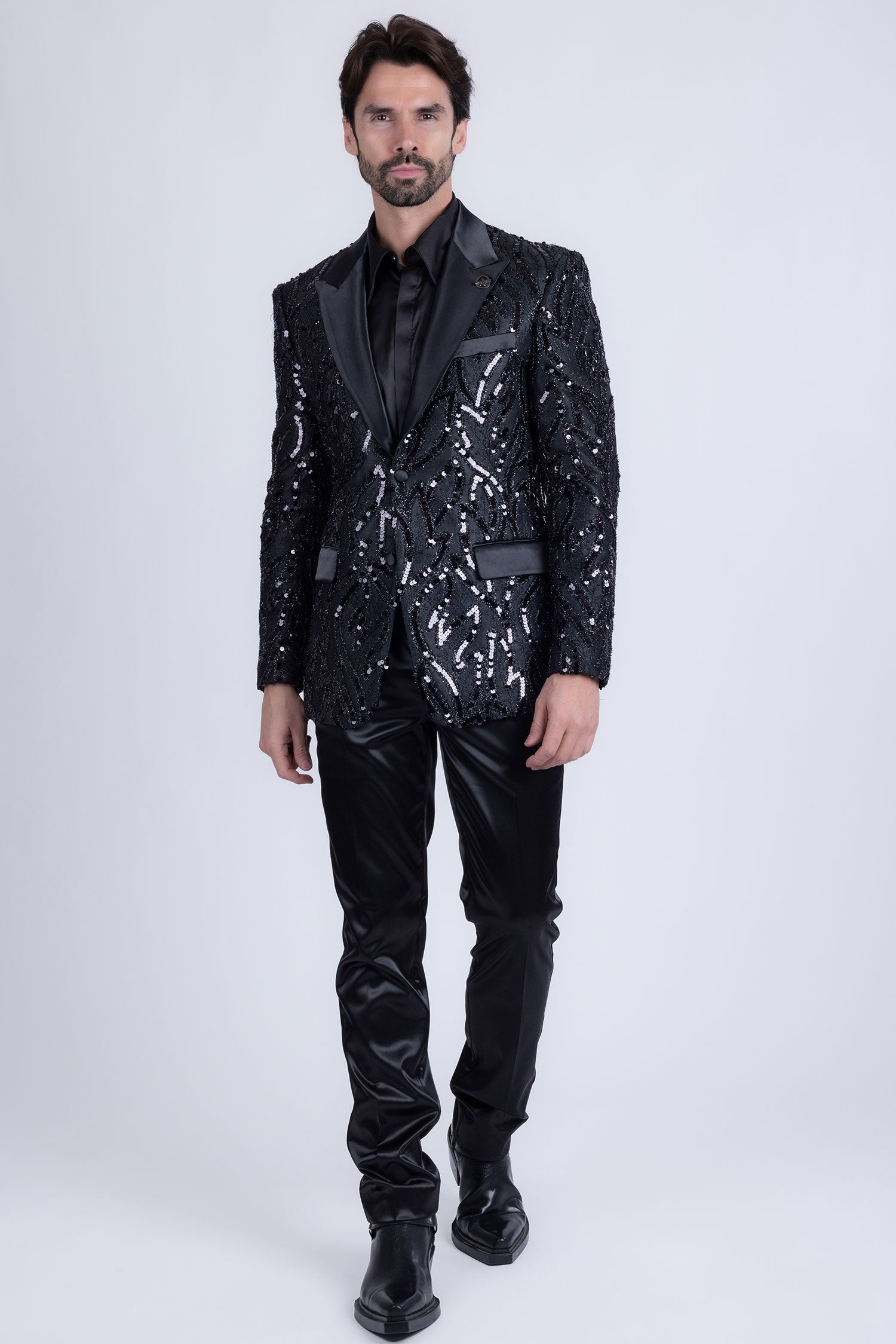 Barabas Men's Floral Sequin Embroidered Design Peak Lapel Blazer 5BL09 Black