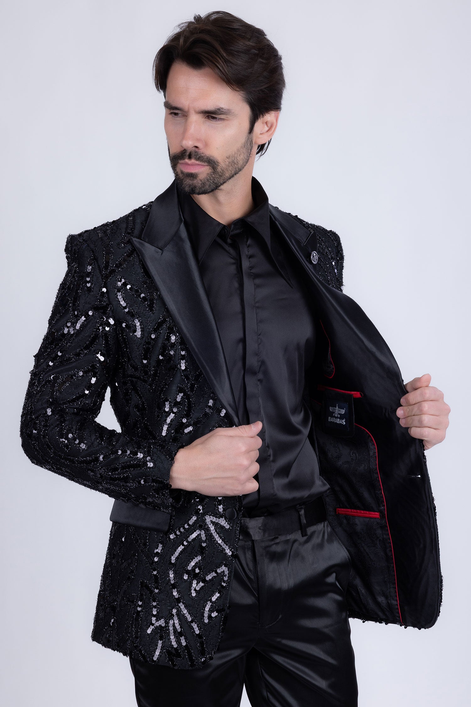 Barabas Men's Floral Sequin Embroidered Design Peak Lapel Blazer 5BL09 Black