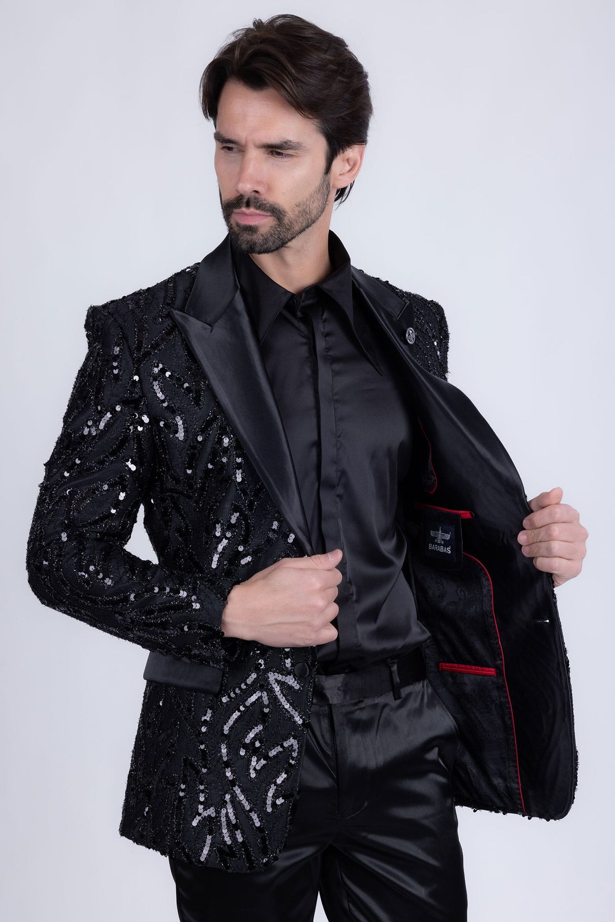 Barabas Men's Floral Sequin Embroidered Design Peak Lapel Blazer 5BL09 Black